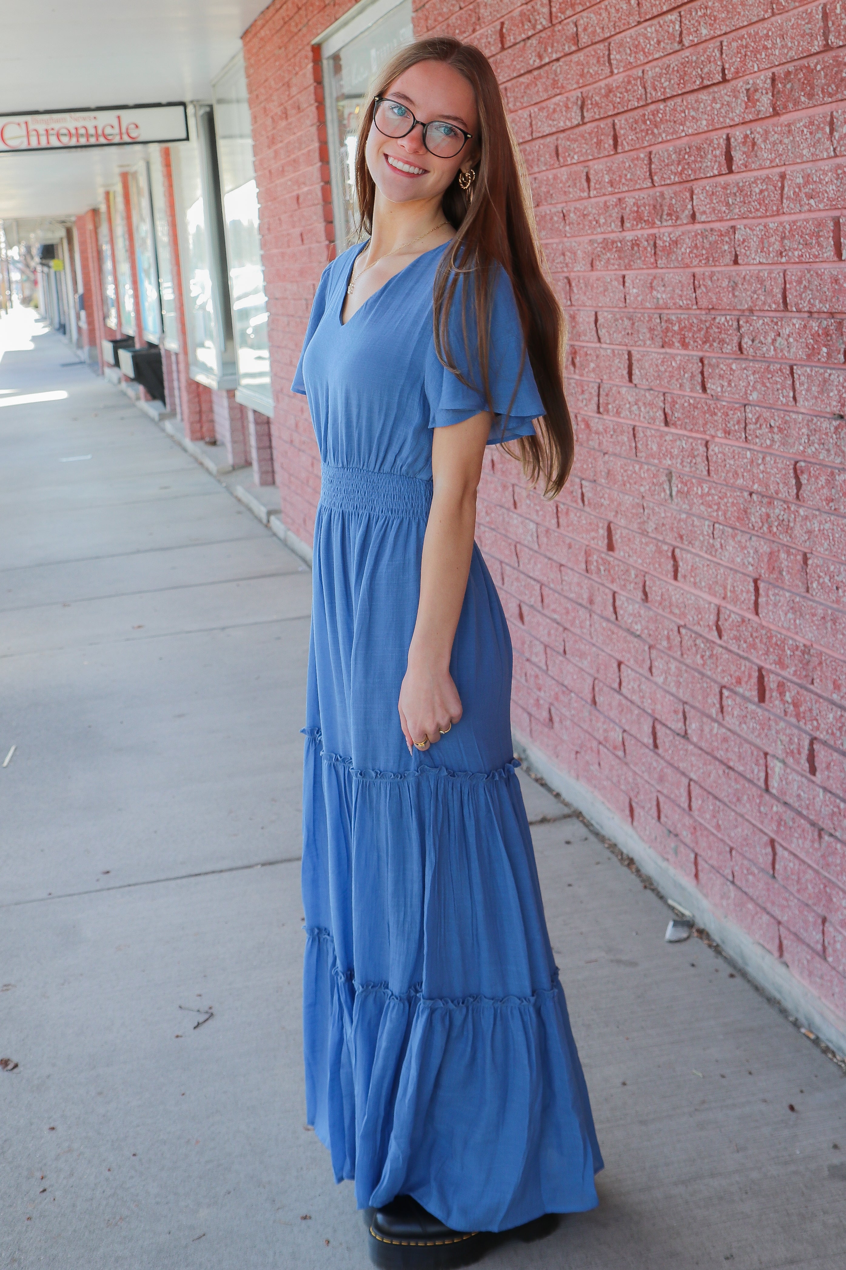 Taylor Dress in Colony Blue maxi dress Mikarose- Tilden Co.