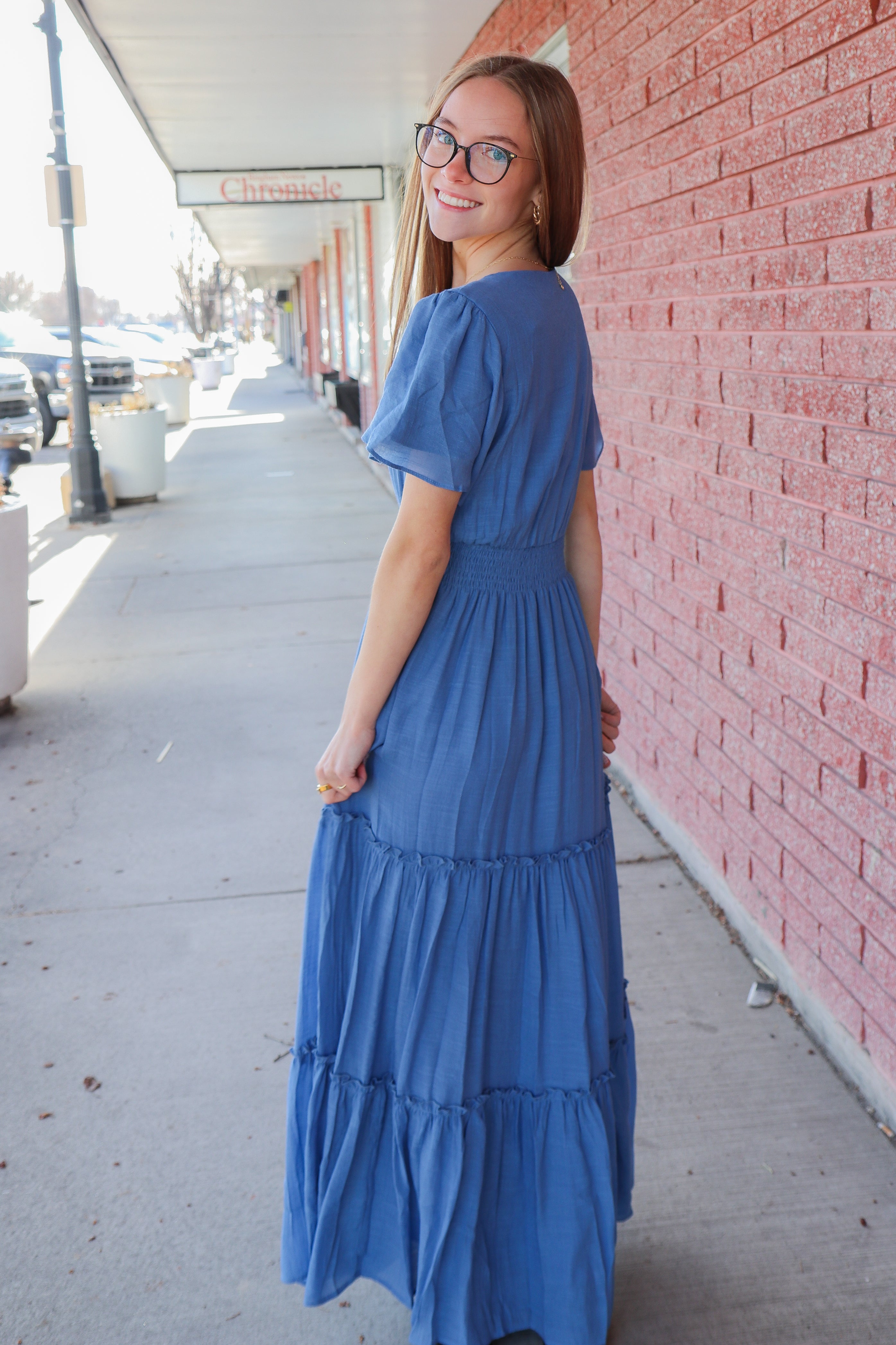 Taylor Dress in Colony Blue maxi dress Mikarose- Tilden Co.