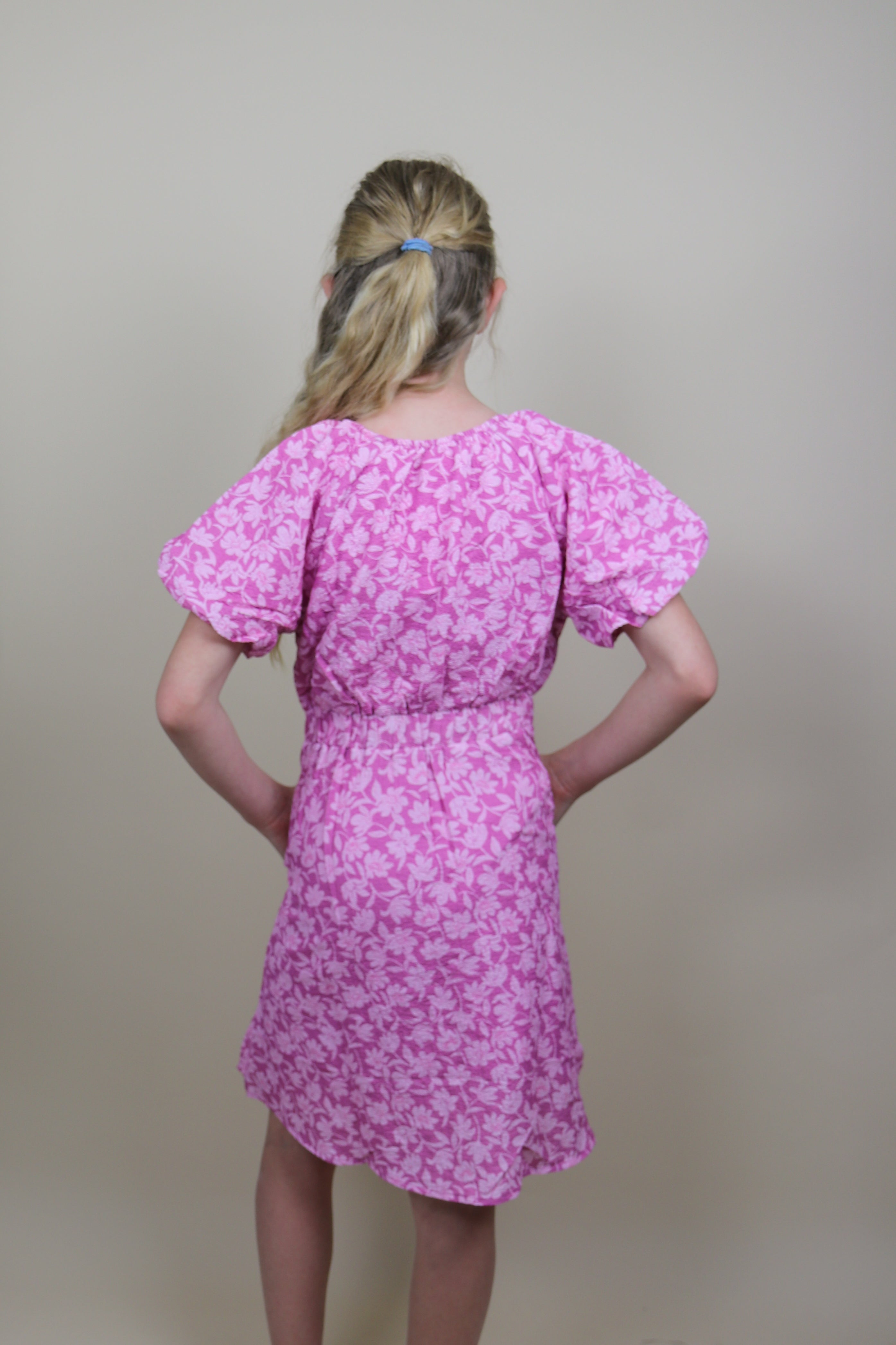 Girls Textured Floral Side Puff Sleeve Girl's Dress Hayden LA- Tilden Co.