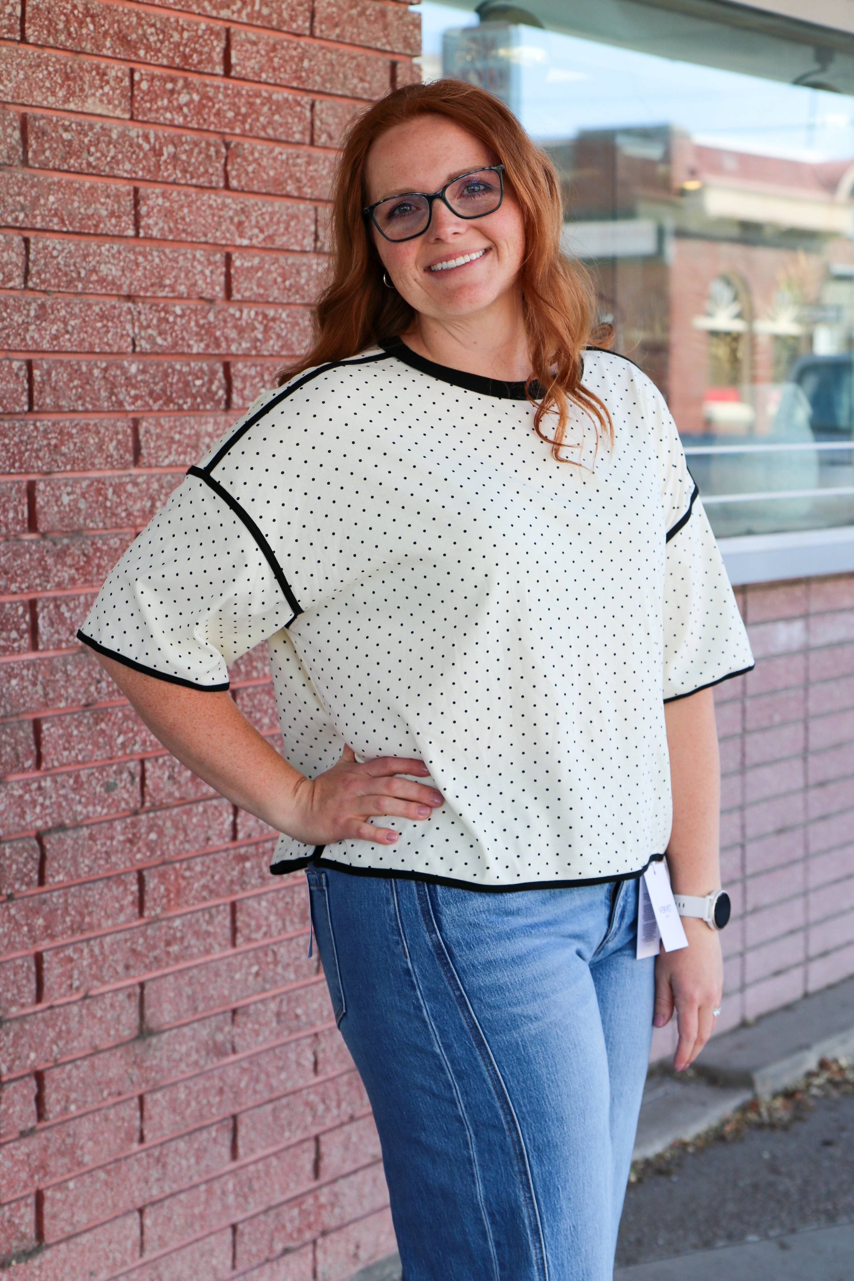 Polka Dot Contrast Trim Top T-Shirt Sewn and Seen- Tilden Co.