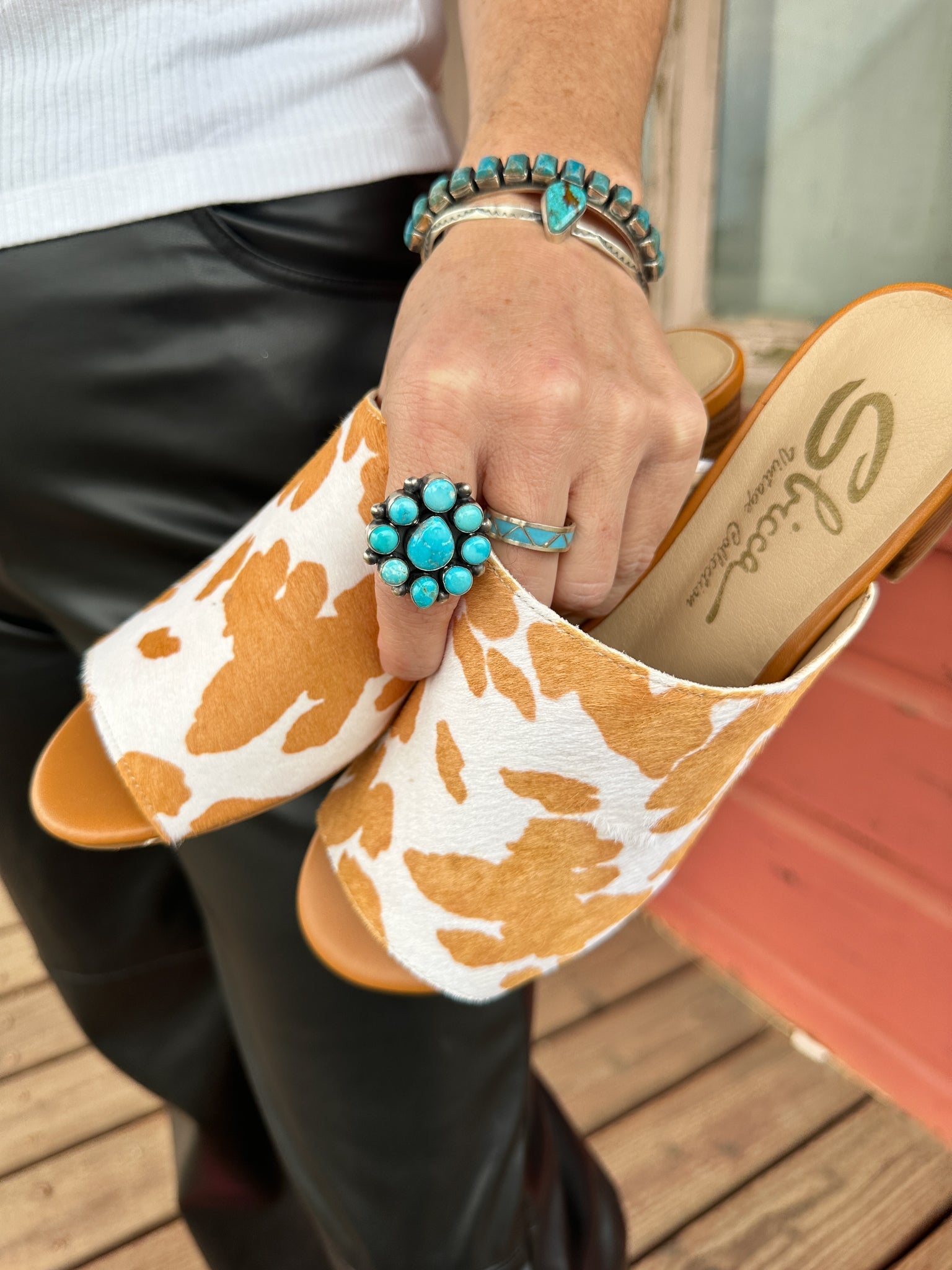 Richwood Peeptoe Tan and White Cowhide Slide Shoes Ave Shops- Tilden Co.