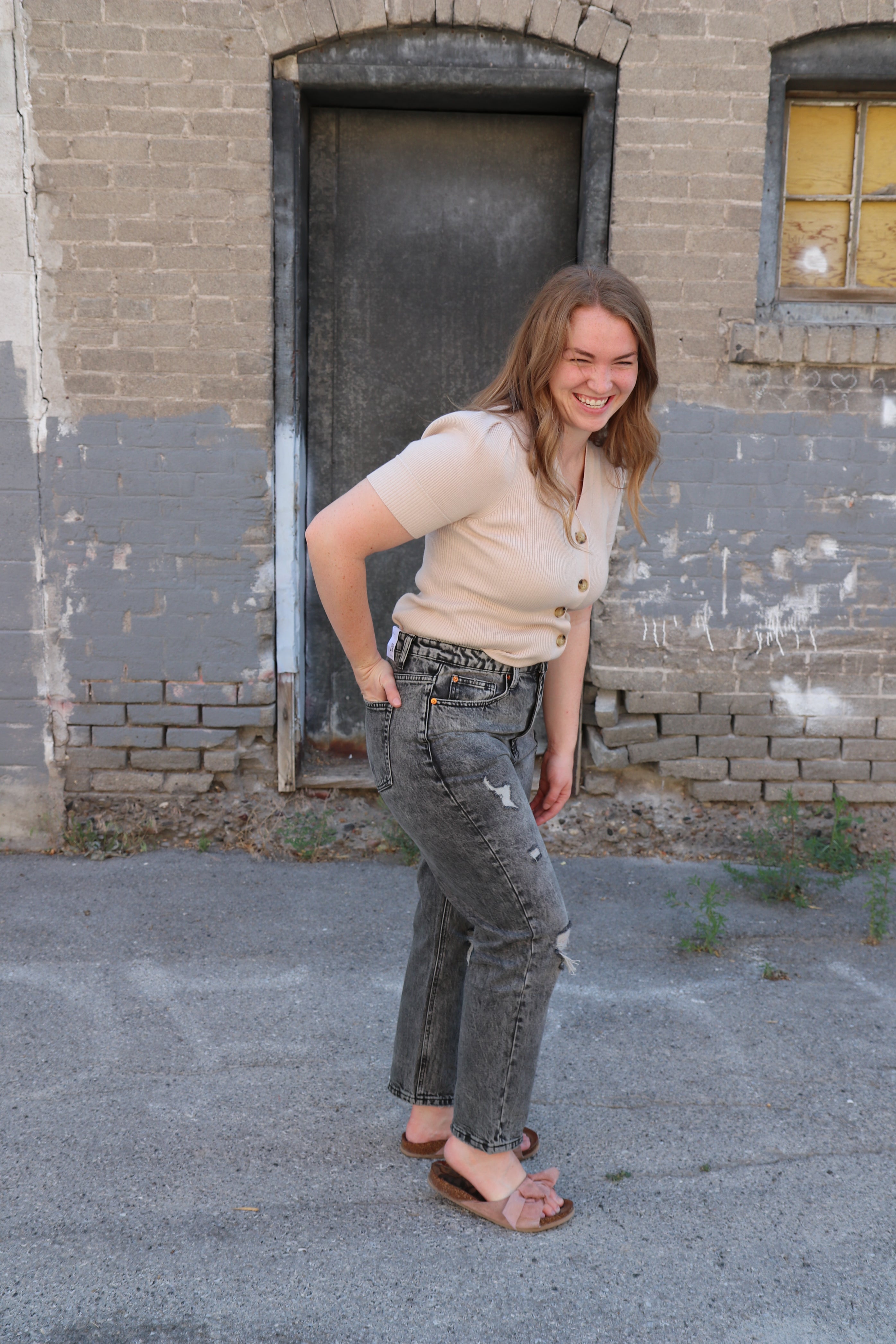 Mid Rise Crop Distressed Mom Fit Jeans Jeans Tea n Rose- Tilden Co.