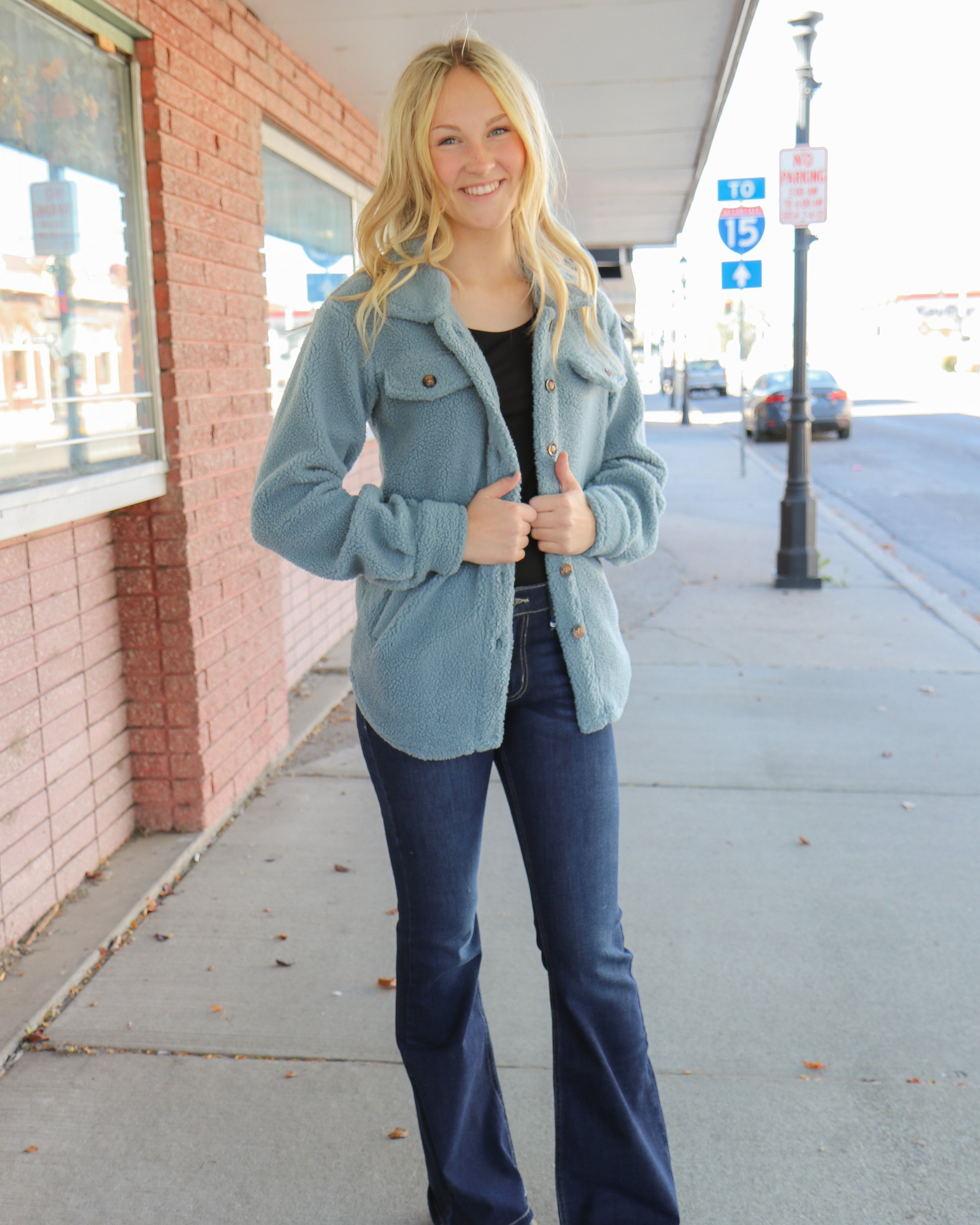 Teddy Sherpa Jacket in Baby Blue Shacket Mikarose- Tilden Co.