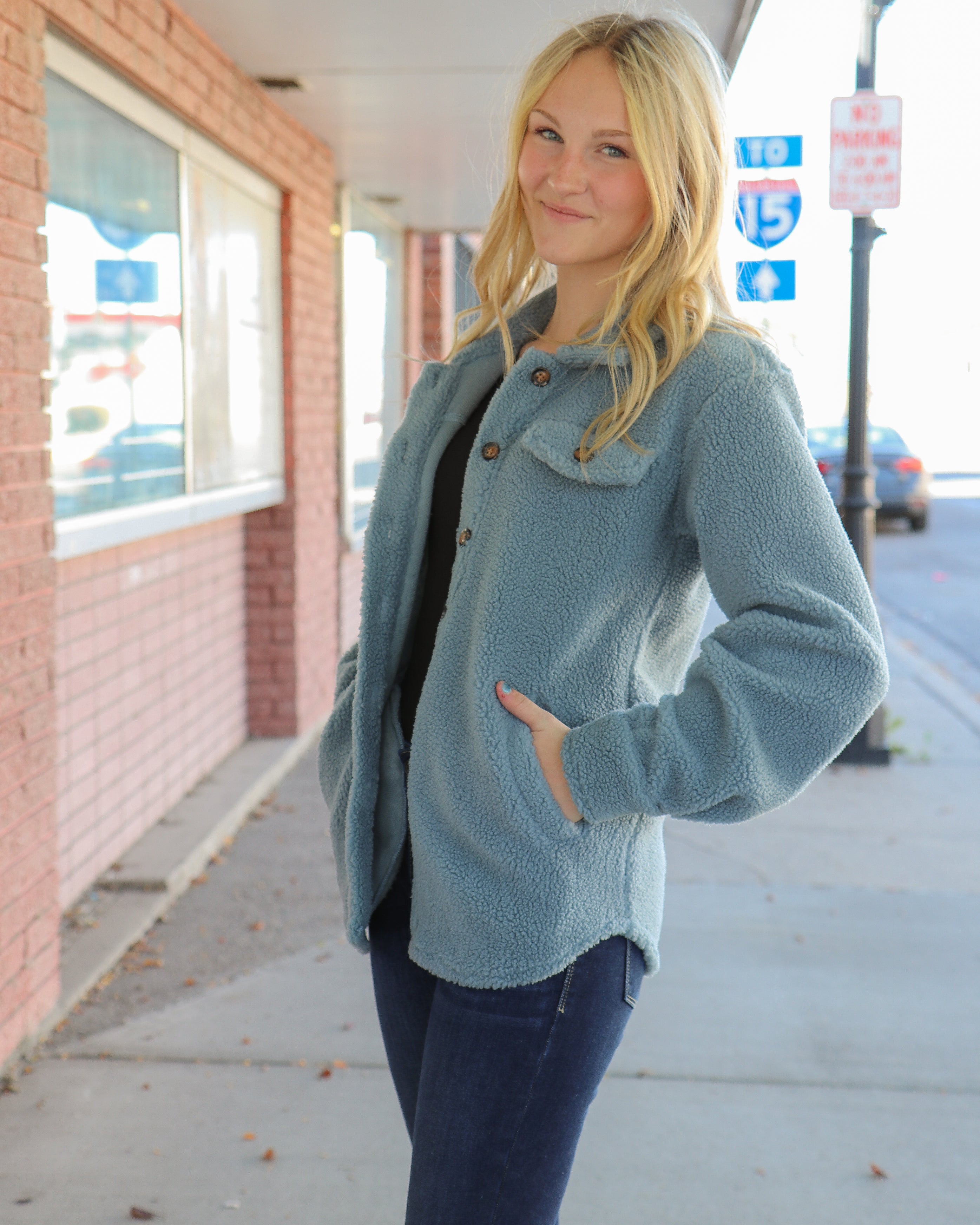 Teddy Sherpa Jacket in Baby Blue Shacket Mikarose- Tilden Co.