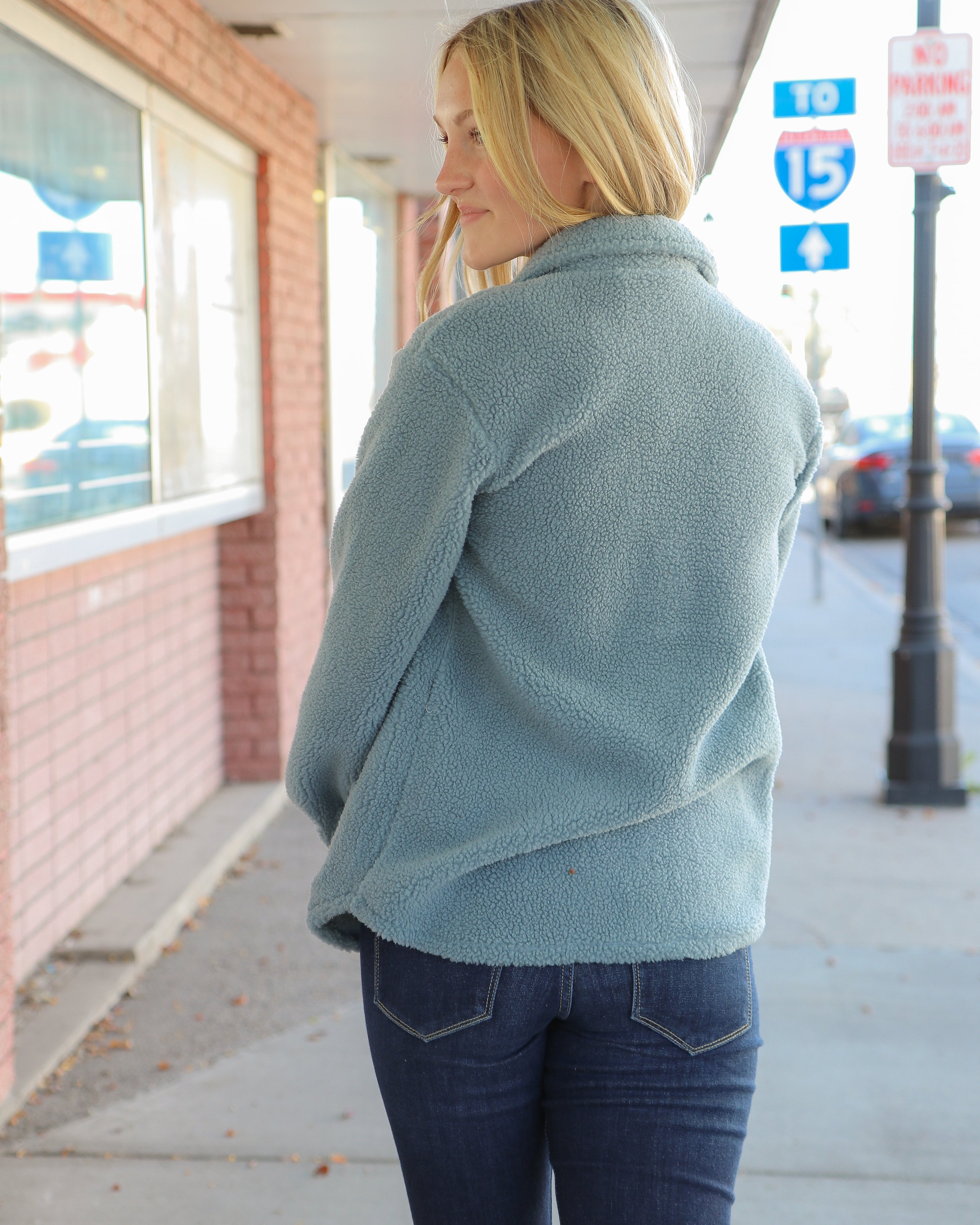 Teddy Sherpa Jacket in Baby Blue Shacket Mikarose- Tilden Co.