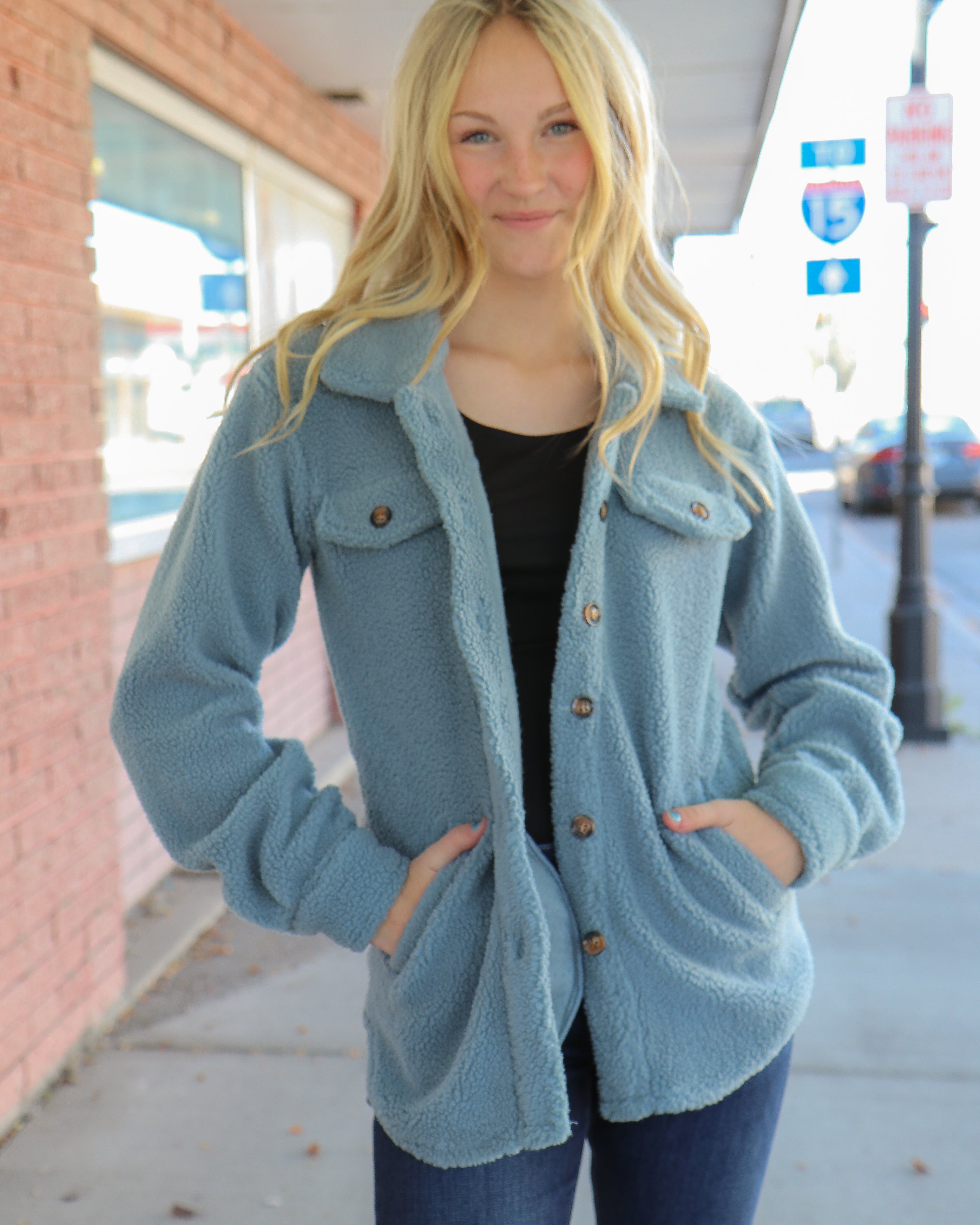 Teddy Sherpa Jacket in Baby Blue Shacket Mikarose- Tilden Co.