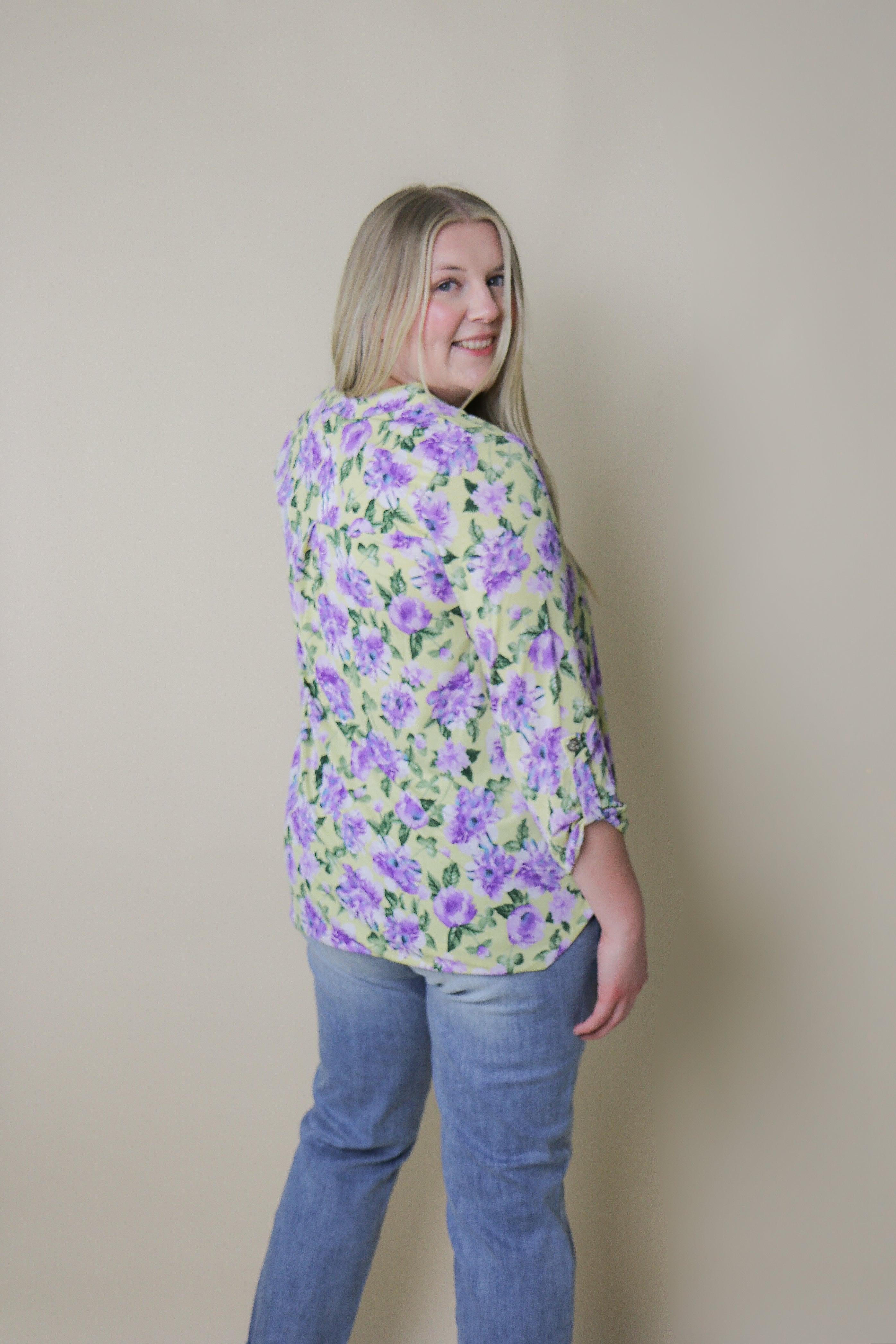 3/4 Sleeve Lizzy Blouse - Purple Floral Blouse Dear Scarlett- Tilden Co.