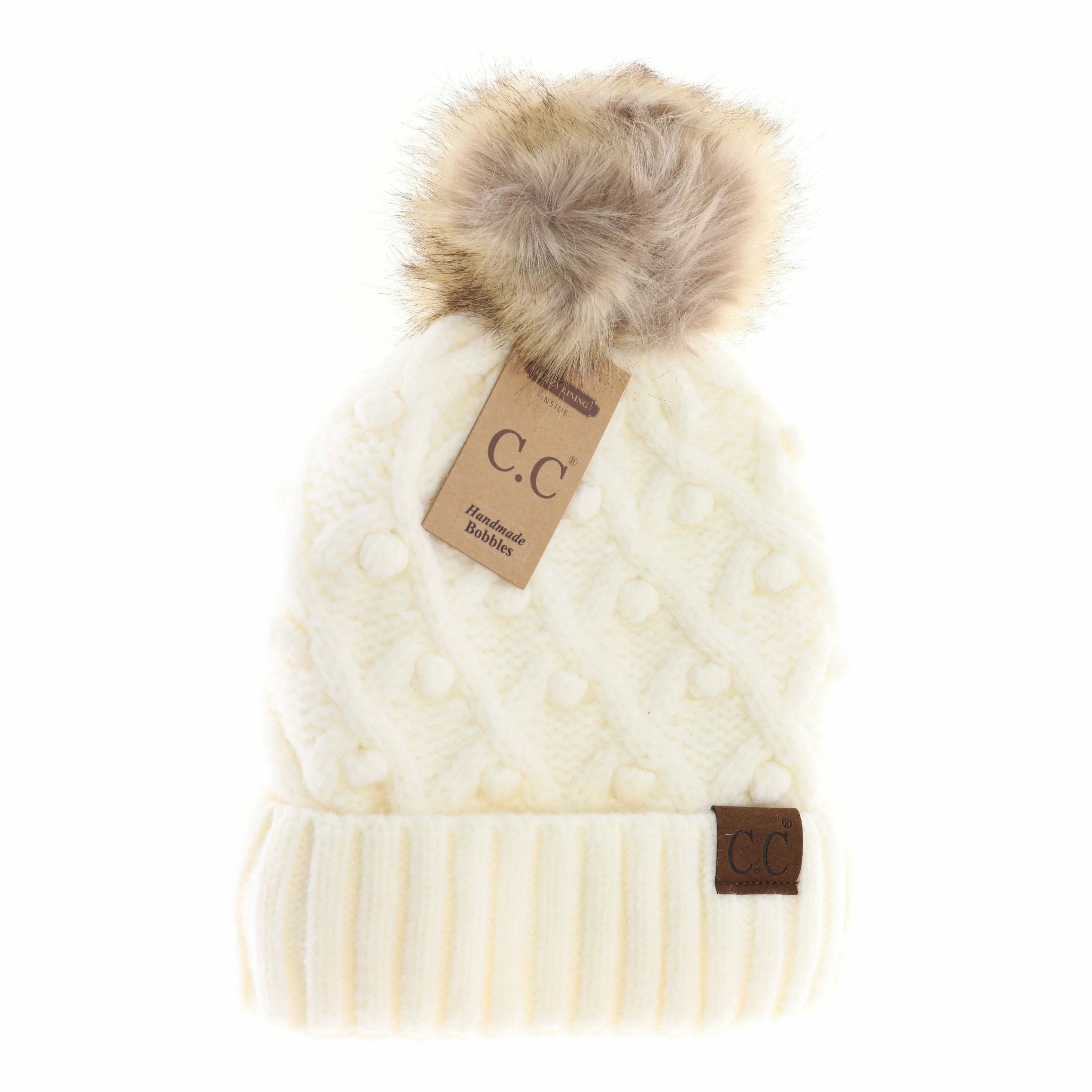 Bobble Knit Fur Pom Beanie    beanie CC Brand Beanies- Tilden Co.