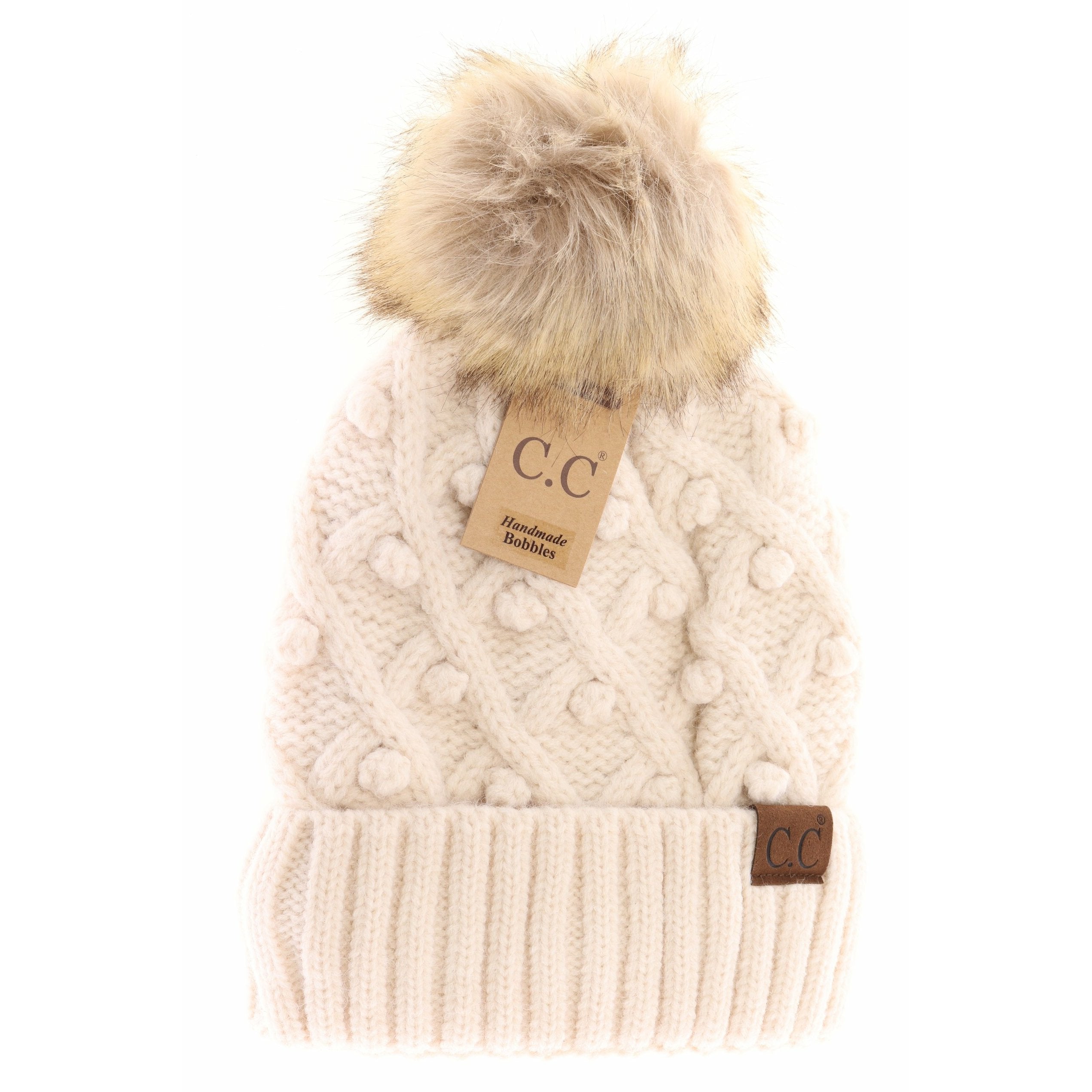 Bobble Knit Fur Pom Beanie Beige Beige  beanie CC Brand Beanies- Tilden Co.