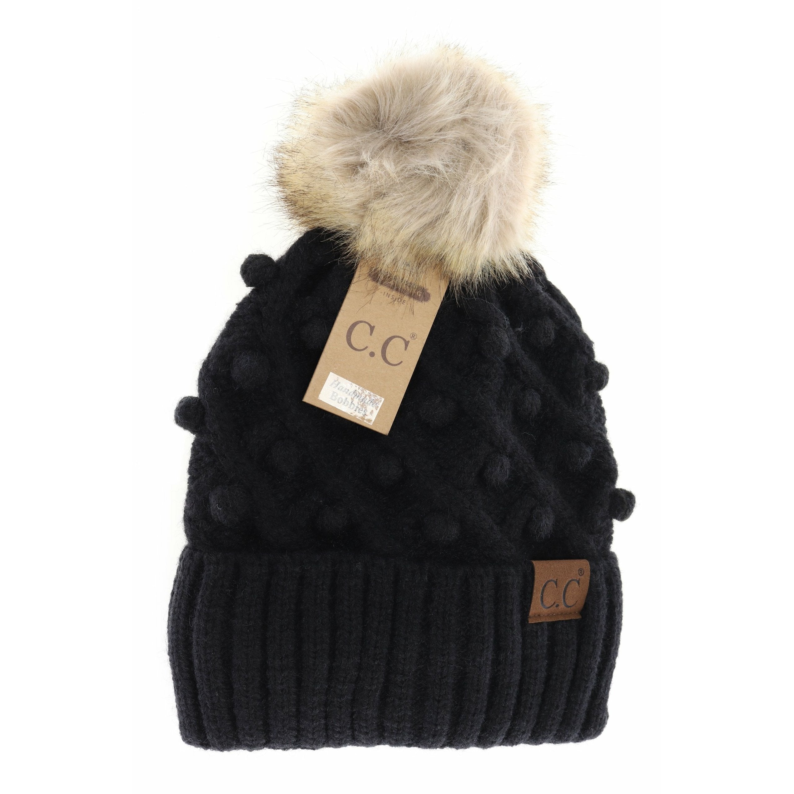 Bobble Knit Fur Pom Beanie Black Black  beanie CC Brand Beanies- Tilden Co.
