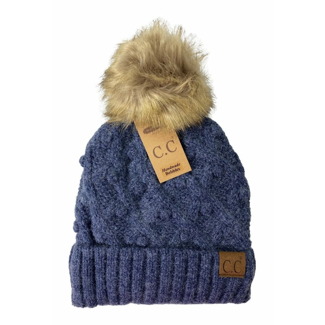 Bobble Knit Fur Pom Beanie Dark Denim Mix Dark Denim Mix  beanie CC Brand Beanies- Tilden Co.