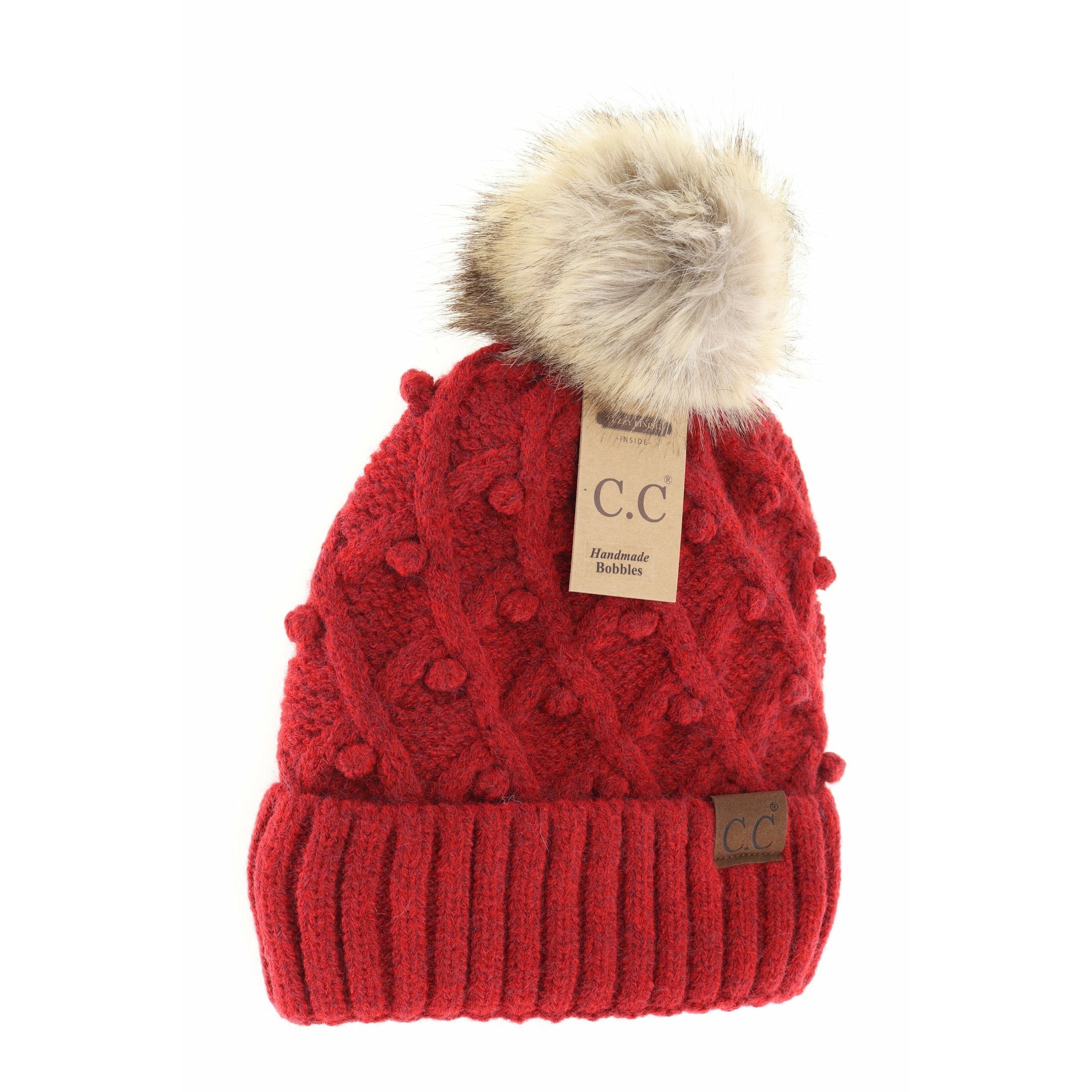 Bobble Knit Fur Pom Beanie Fire Red Fire Red  beanie CC Brand Beanies- Tilden Co.