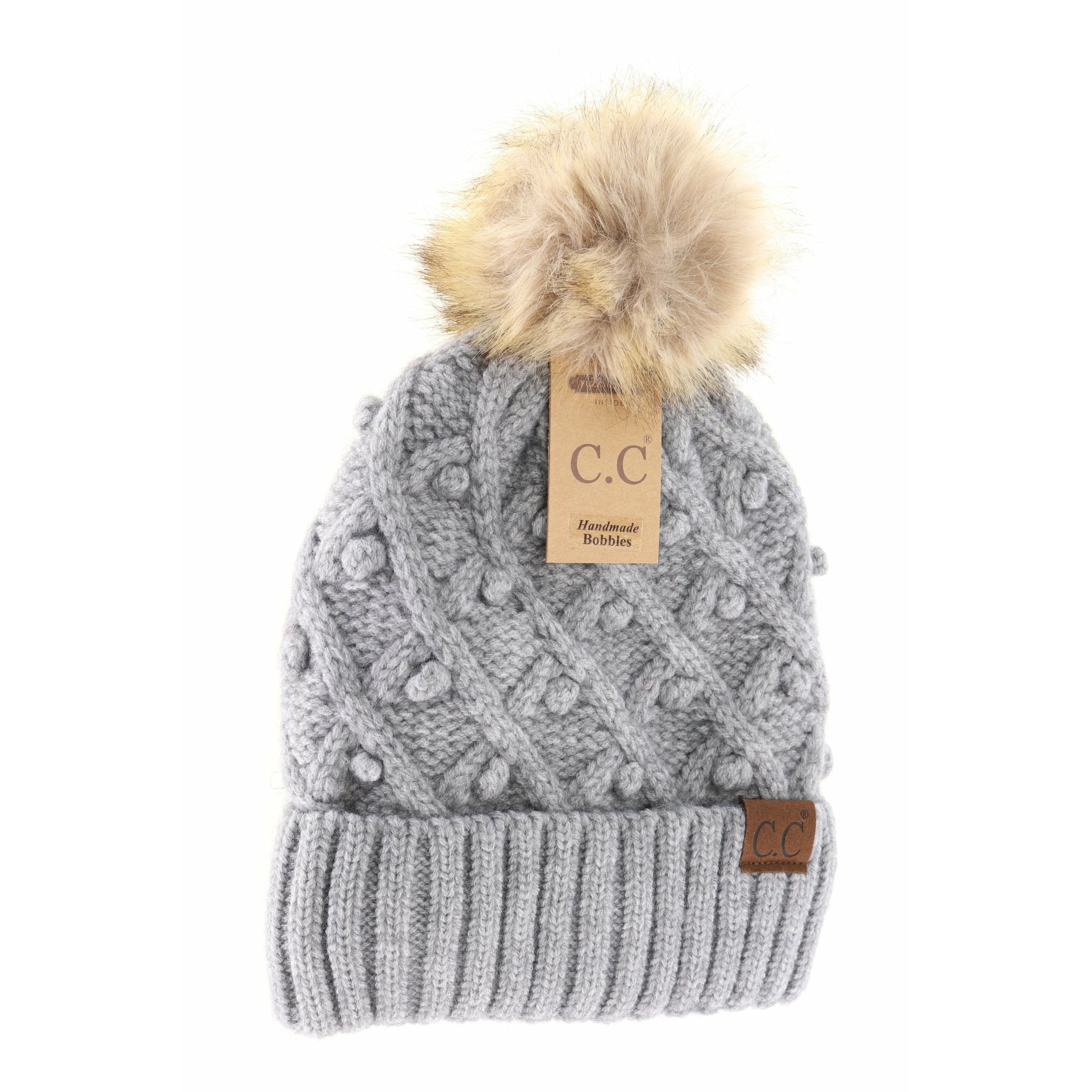 Bobble Knit Fur Pom Beanie Grey Mix Grey Mix  beanie CC Brand Beanies- Tilden Co.