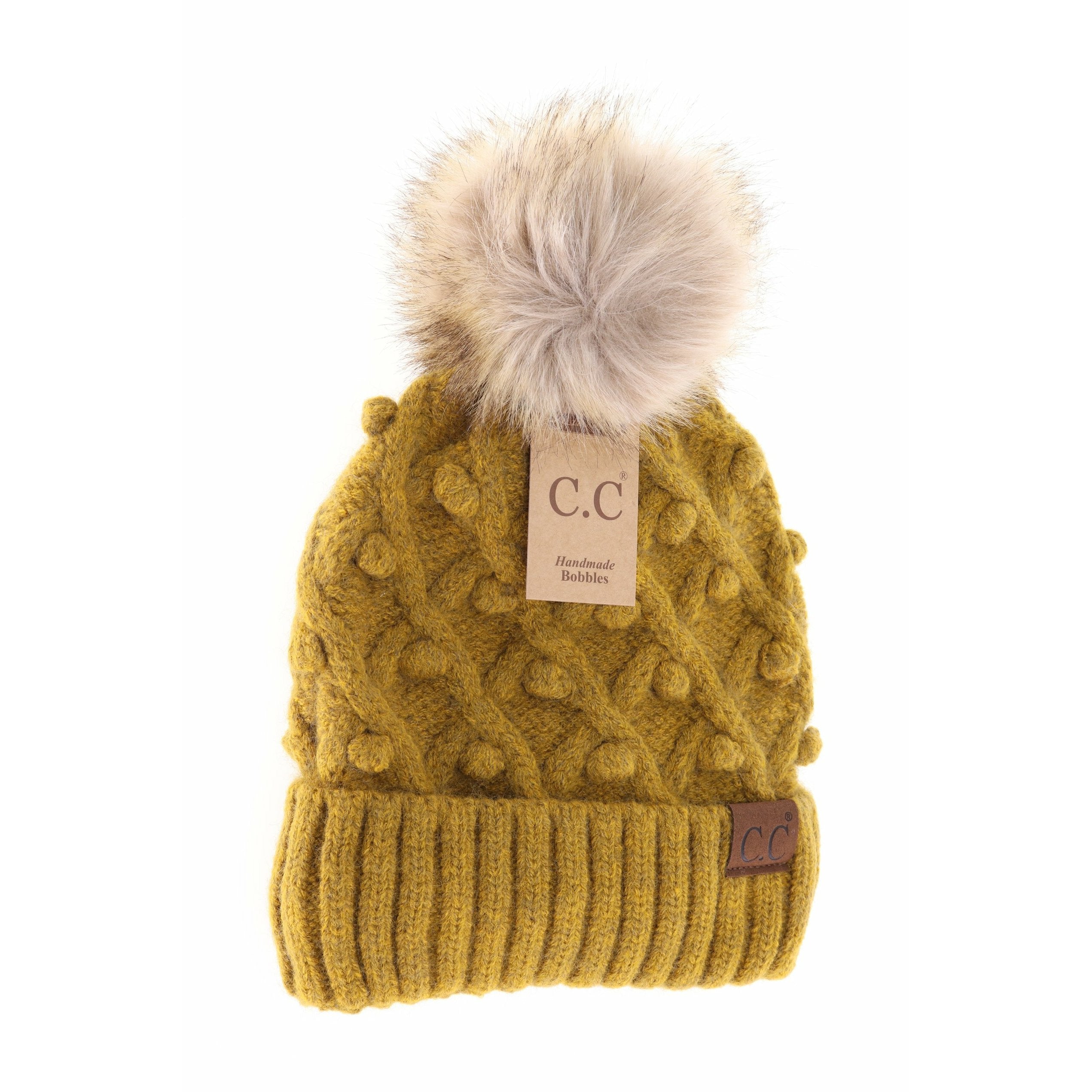 Bobble Knit Fur Pom Beanie Mustard Mix Mustard Mix  beanie CC Brand Beanies- Tilden Co.