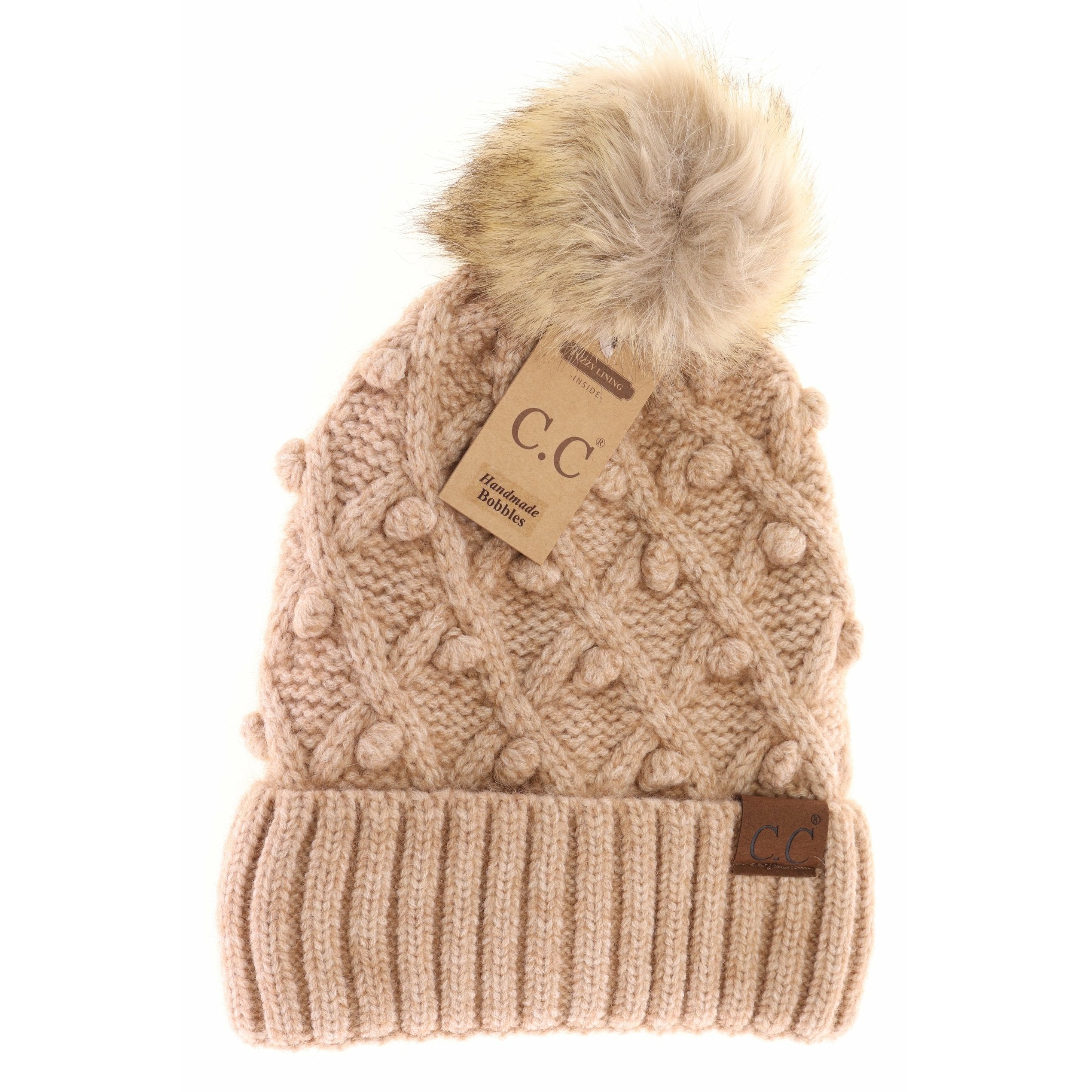 Bobble Knit Fur Pom Beanie Taupe Mix Taupe Mix  beanie CC Brand Beanies- Tilden Co.
