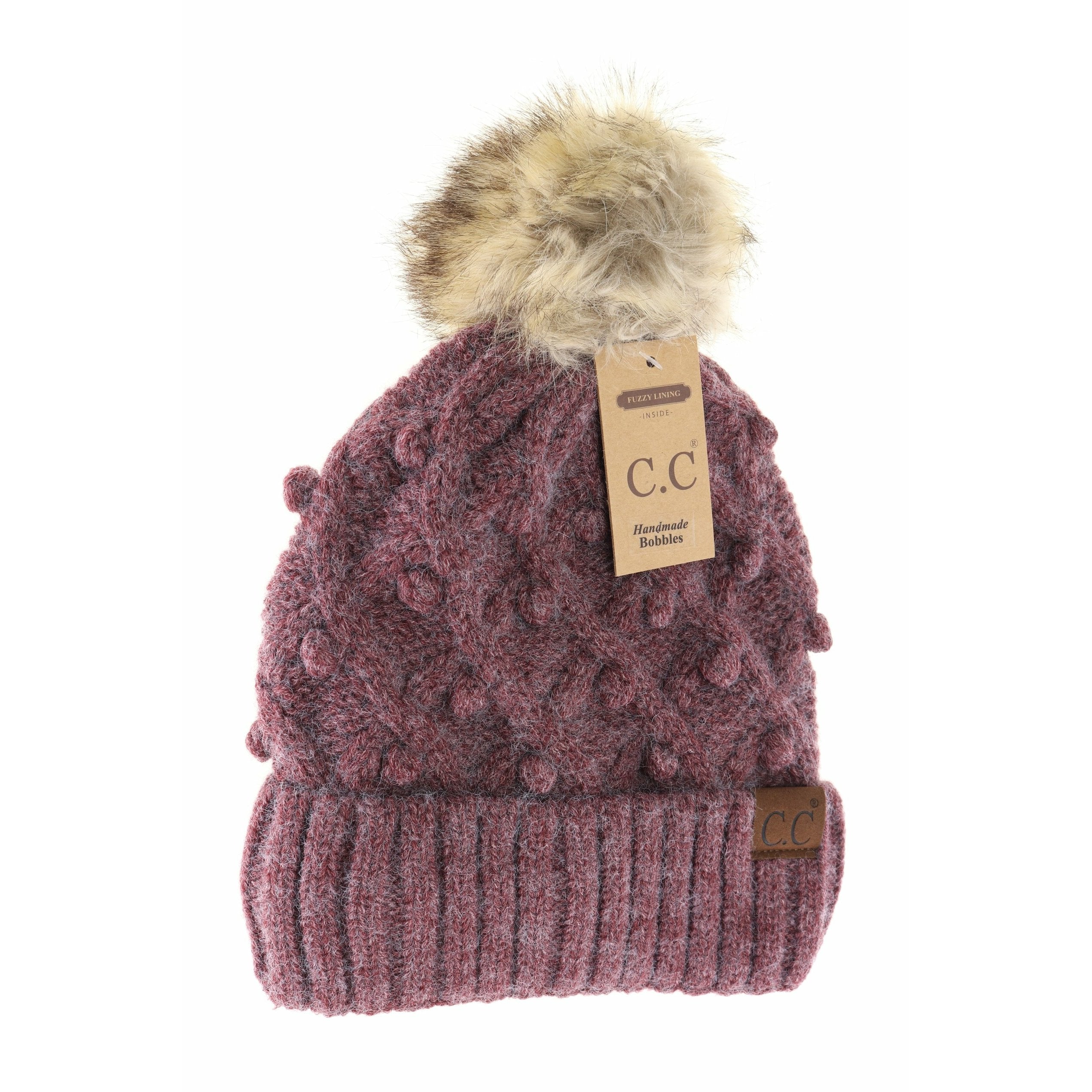 Bobble Knit Fur Pom Beanie Wine Mix Wine Mix  beanie CC Brand Beanies- Tilden Co.