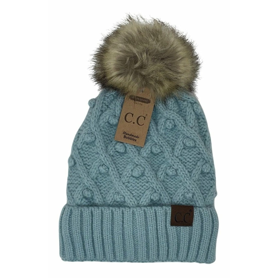 Bobble Knit Fur Pom Beanie Winter Mint Winter Mint  beanie CC Brand Beanies- Tilden Co.