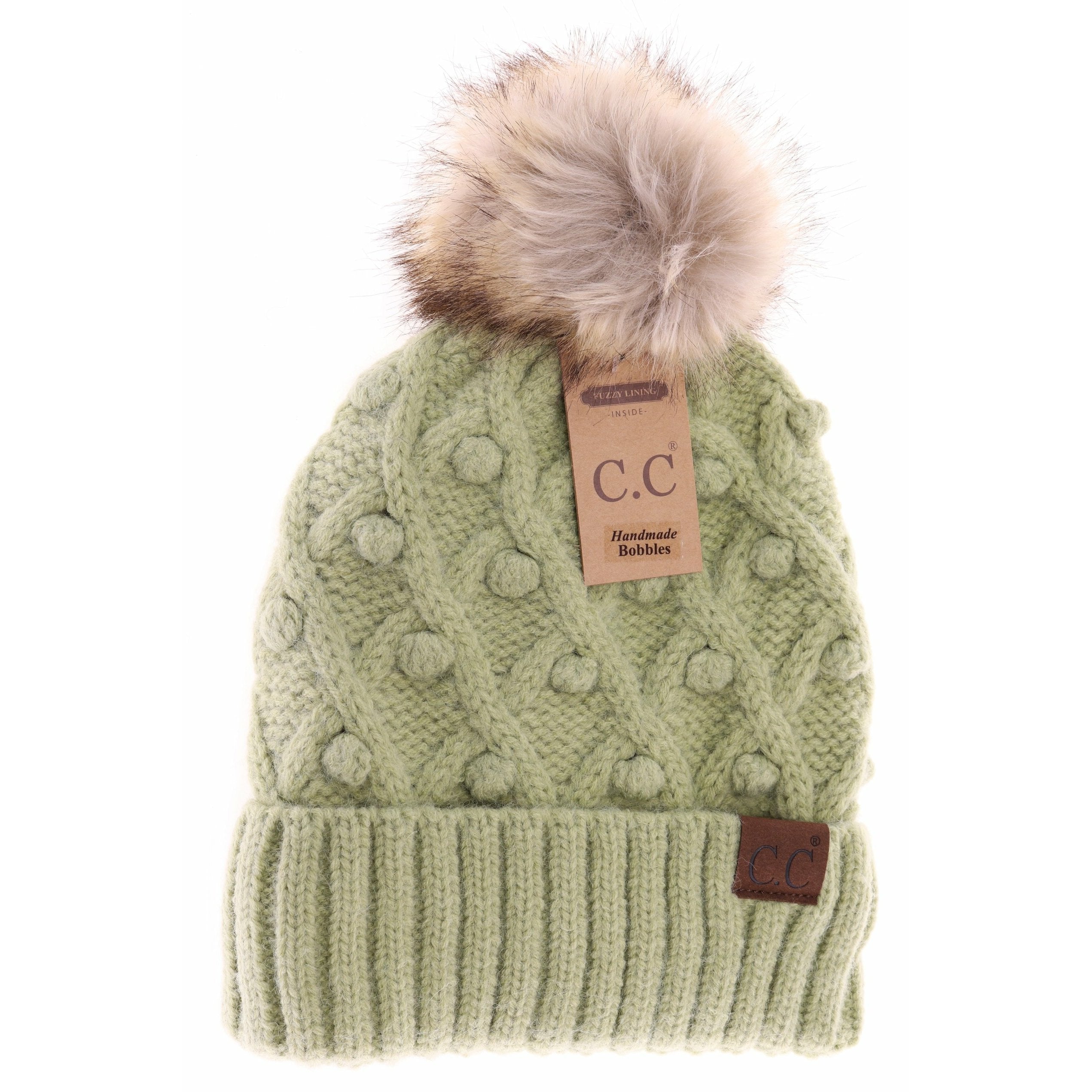 Bobble Knit Fur Pom Beanie Winter Lime Winter Lime  beanie CC Brand Beanies- Tilden Co.