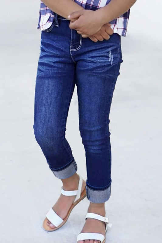 Girls Stretch Reg Fit  Jeans w/ Pocket Distressed & Wide Cuff 7 / Dark Denim 7 Dark Denim Jeans Cutie Patootie Clothing- Tilden Co.
