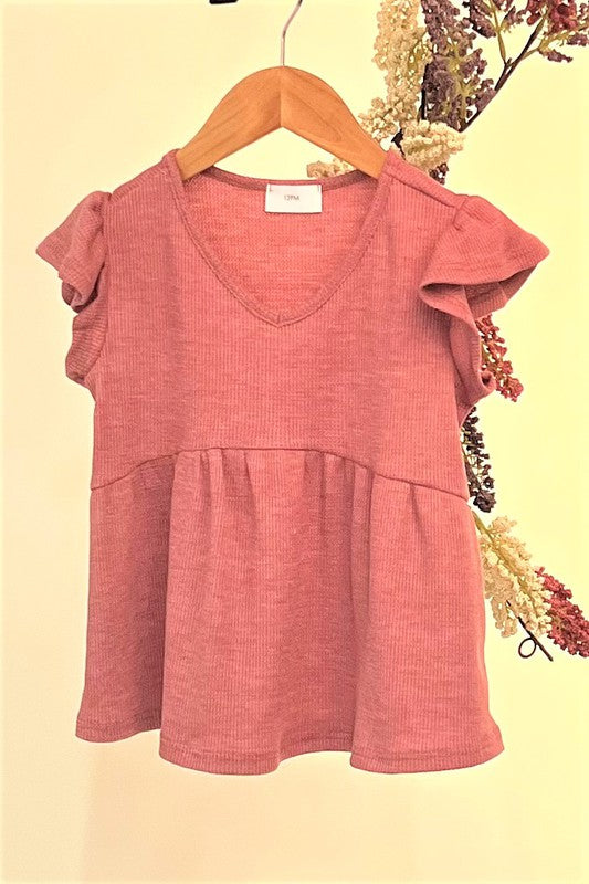 Girls V-Neck Babydoll Ruffled Sleeve Top - Berry    Shirts & Tops 12 PM by Mon Ami- Tilden Co.