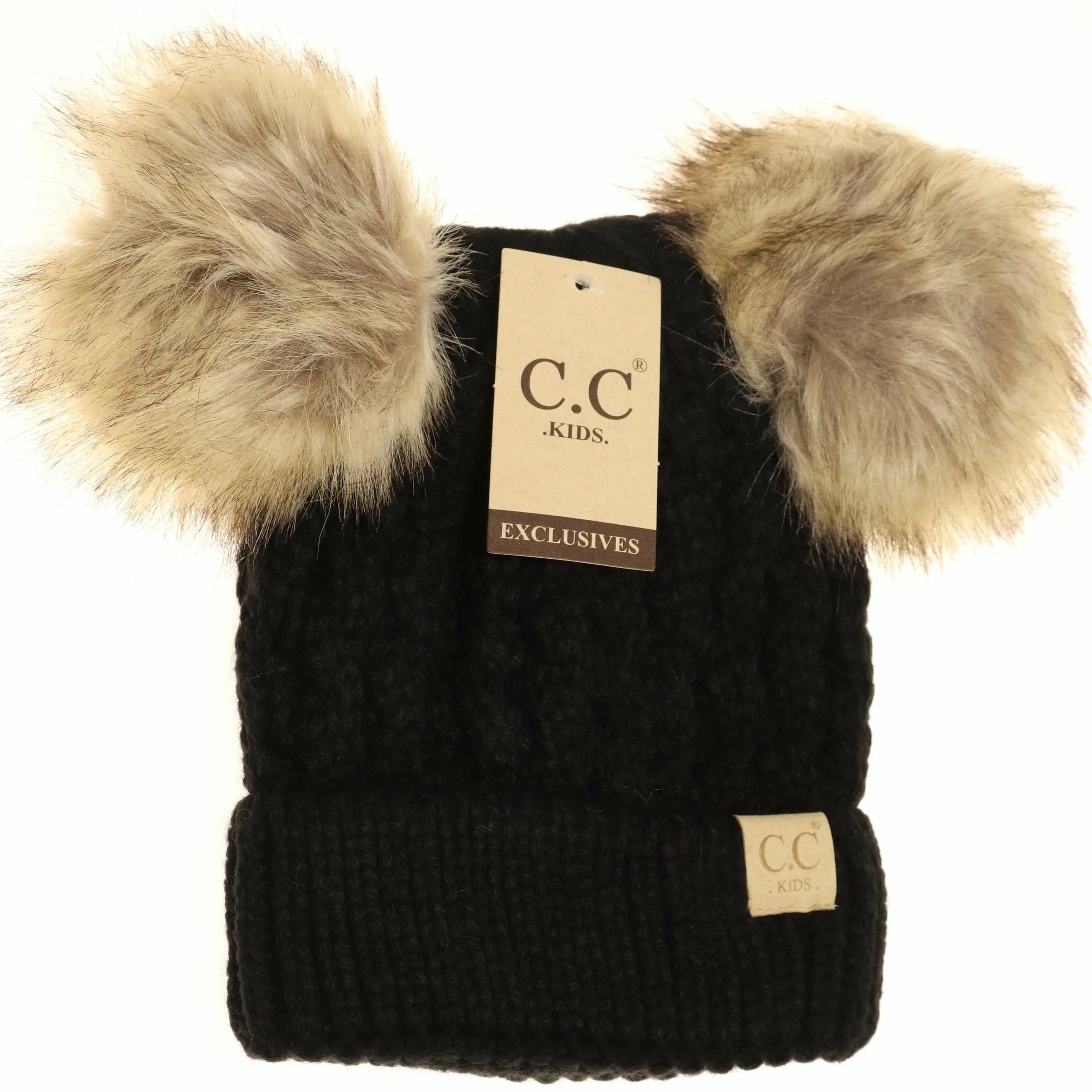 KIDS Cable Knit Double Fur Pom Beanie Black Black  beanie CC Brand Beanies- Tilden Co.