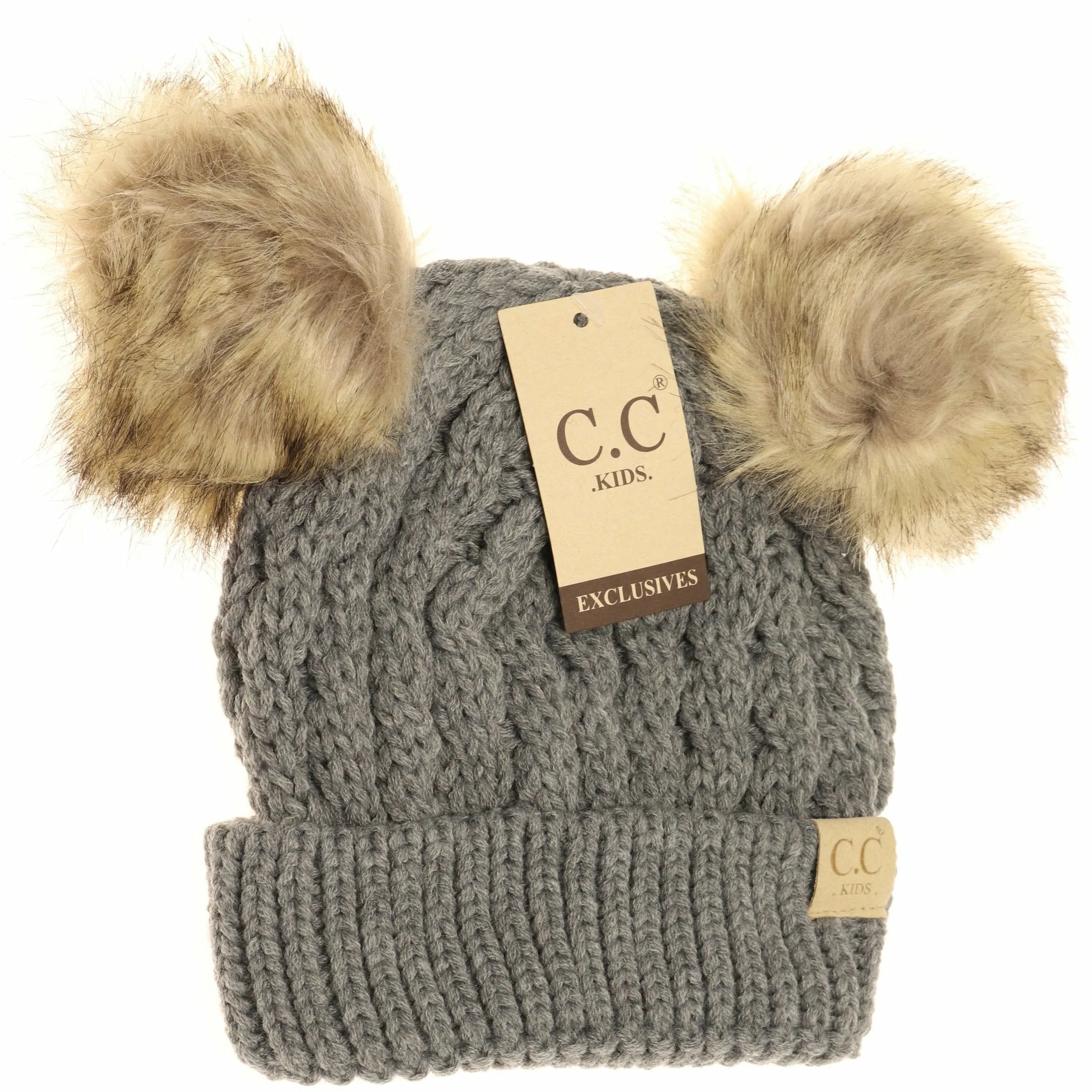 KIDS Cable Knit Double Fur Pom Beanie Lt. Grey Lt. Grey  beanie CC Brand Beanies- Tilden Co.