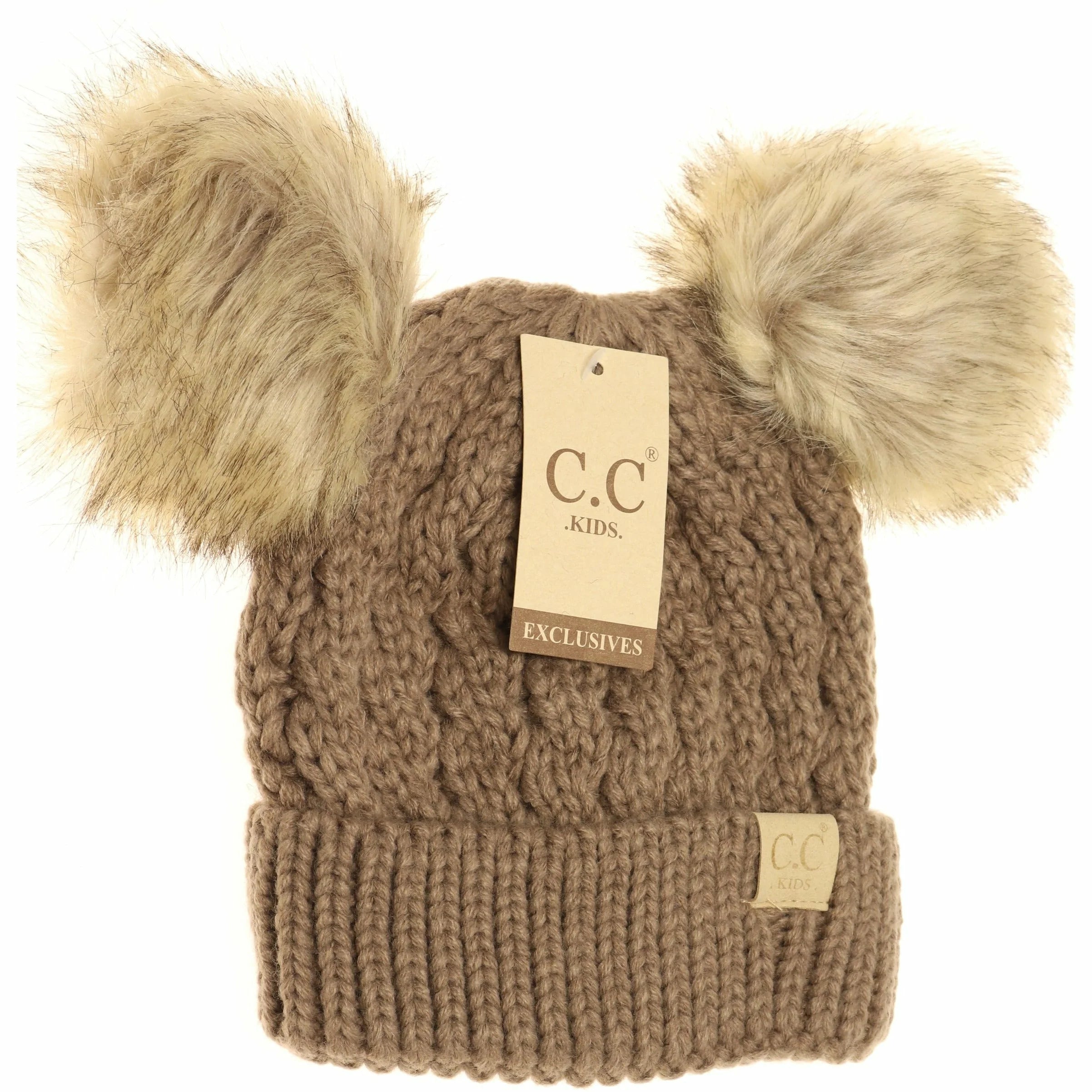KIDS Cable Knit Double Fur Pom Beanie Taupe Taupe  beanie CC Brand Beanies- Tilden Co.