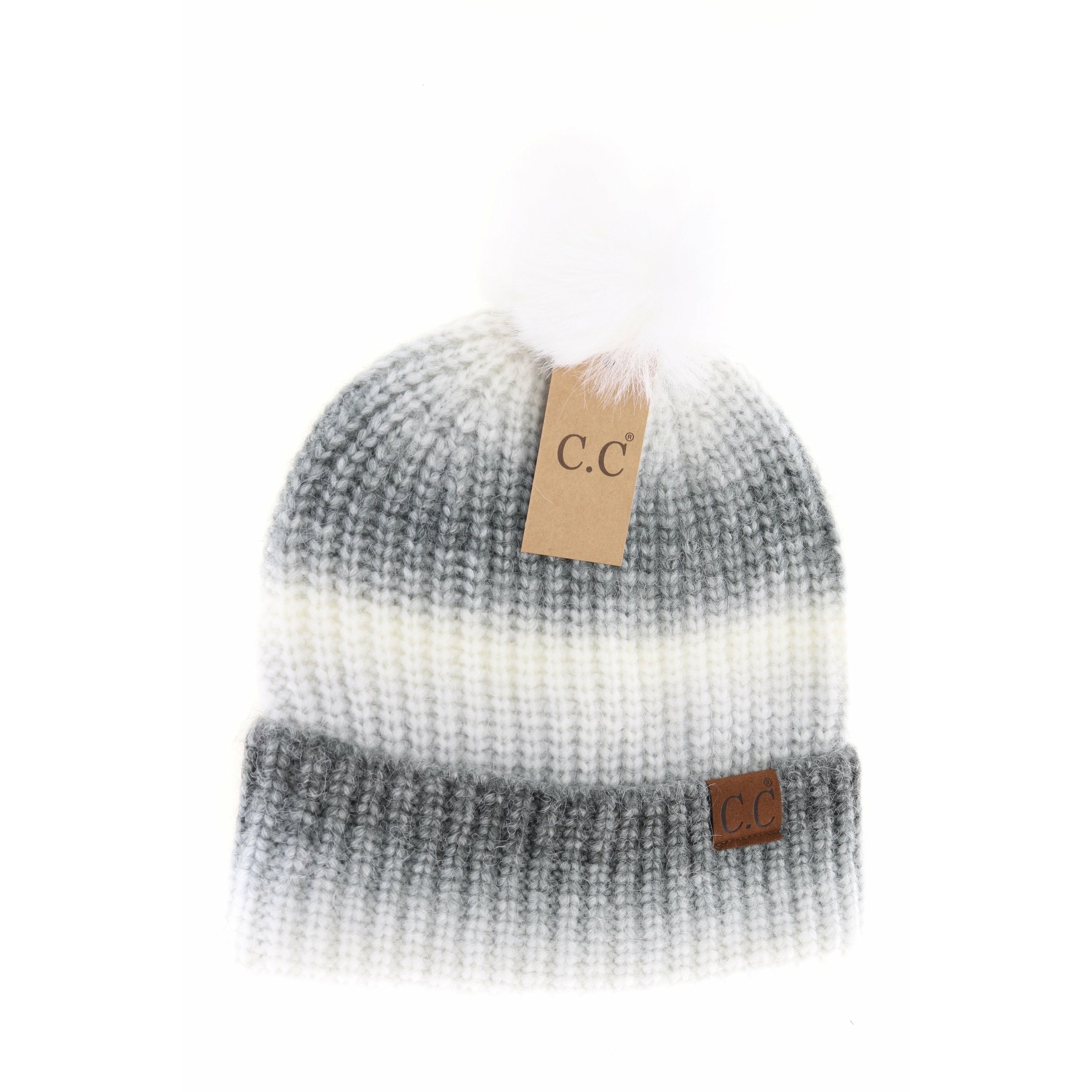 Multicolored Ombre Fur Pom C.C Beanie Black Multi Black Multi   CC Brand Beanies- Tilden Co.