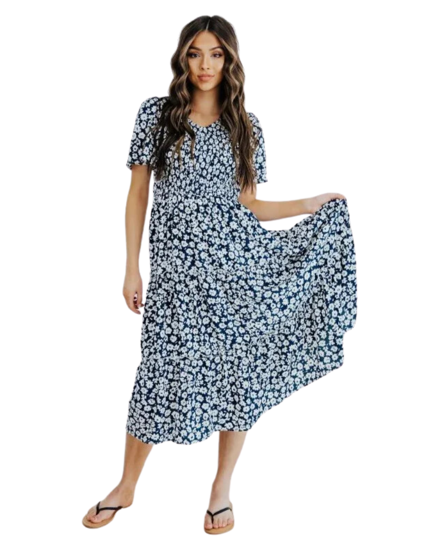 midi and knee-length dresses knee length for ladies Black Floral Long Sleeve Maud Dress office work Women's Sunny Stroll Light Blue