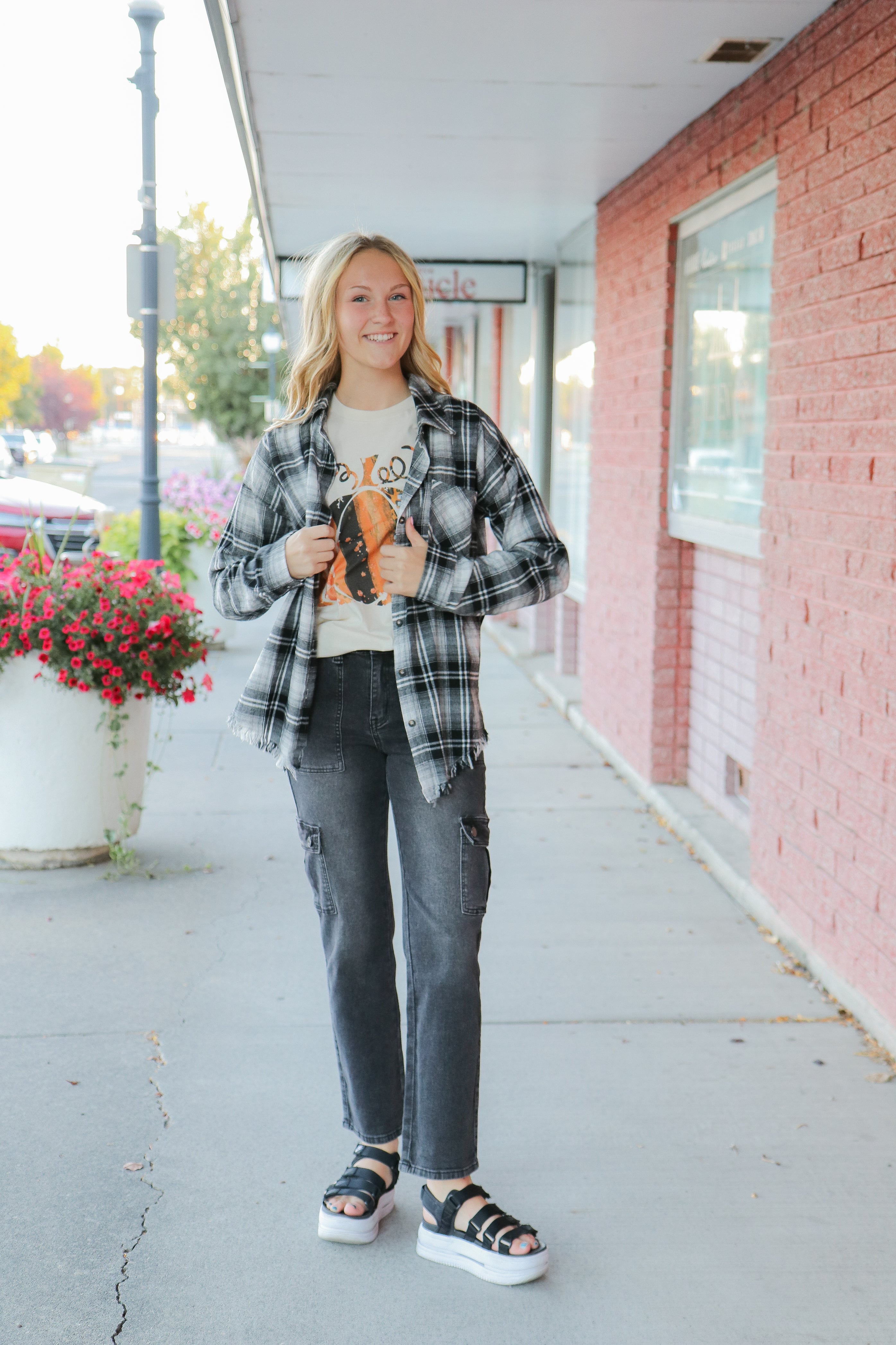 Fringe Hem Distressed Plaid Shirt    Long Sleeve Shirts and Tops Hem and Thread- Tilden Co.