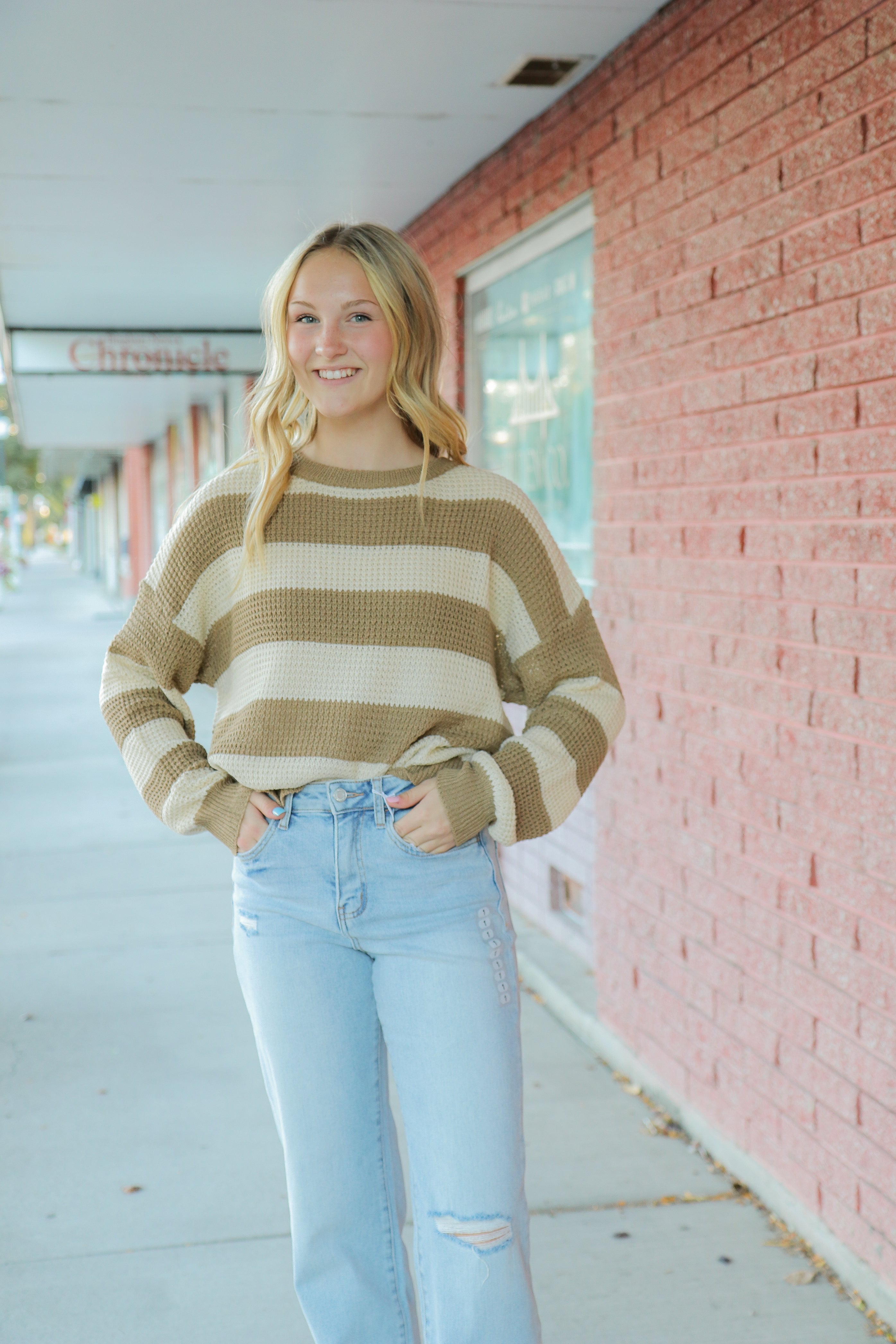 Striped Loose Fit Sweater Khaki / Small Khaki Small Sweater La Miel- Tilden Co.