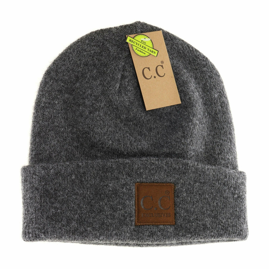 Unisex Soft Ribbed Leather Patch C.C. Beanie Heather Charcoal Heather Charcoal  beanie C.C Beanie- Tilden Co.