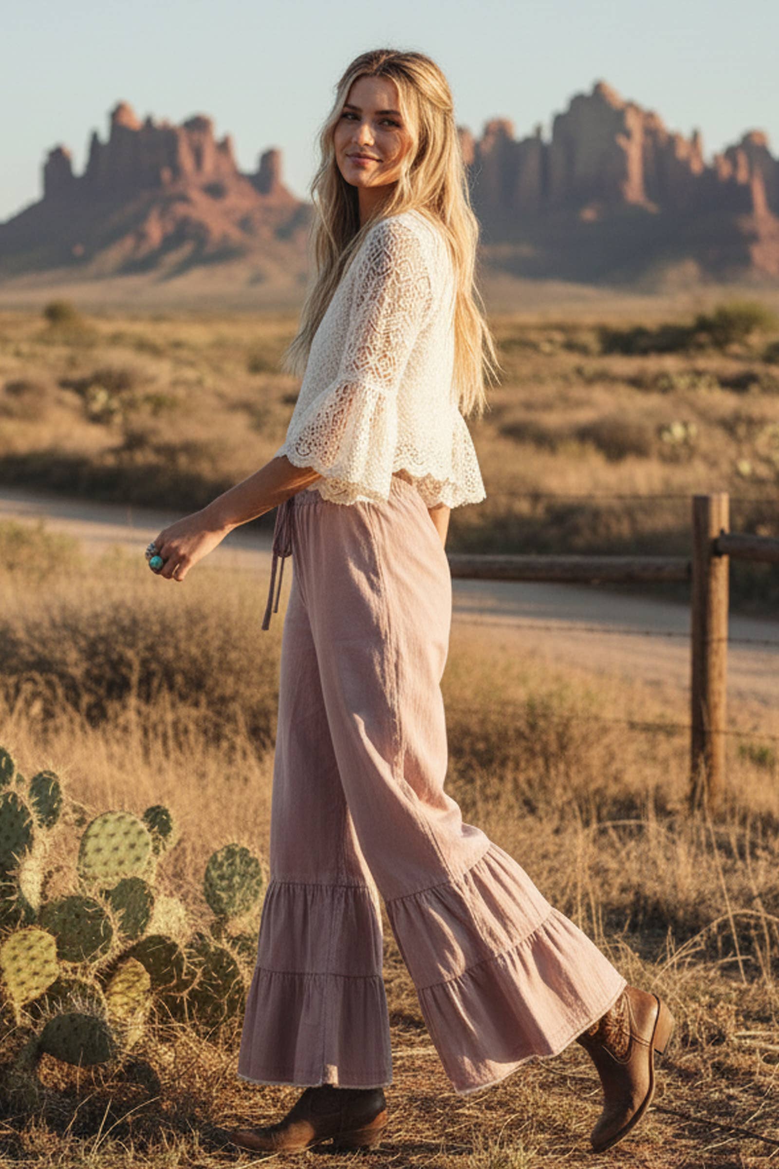 Dusty Mauve Ruffle Wide Leg Pants Pants Sewn and Seen- Tilden Co.