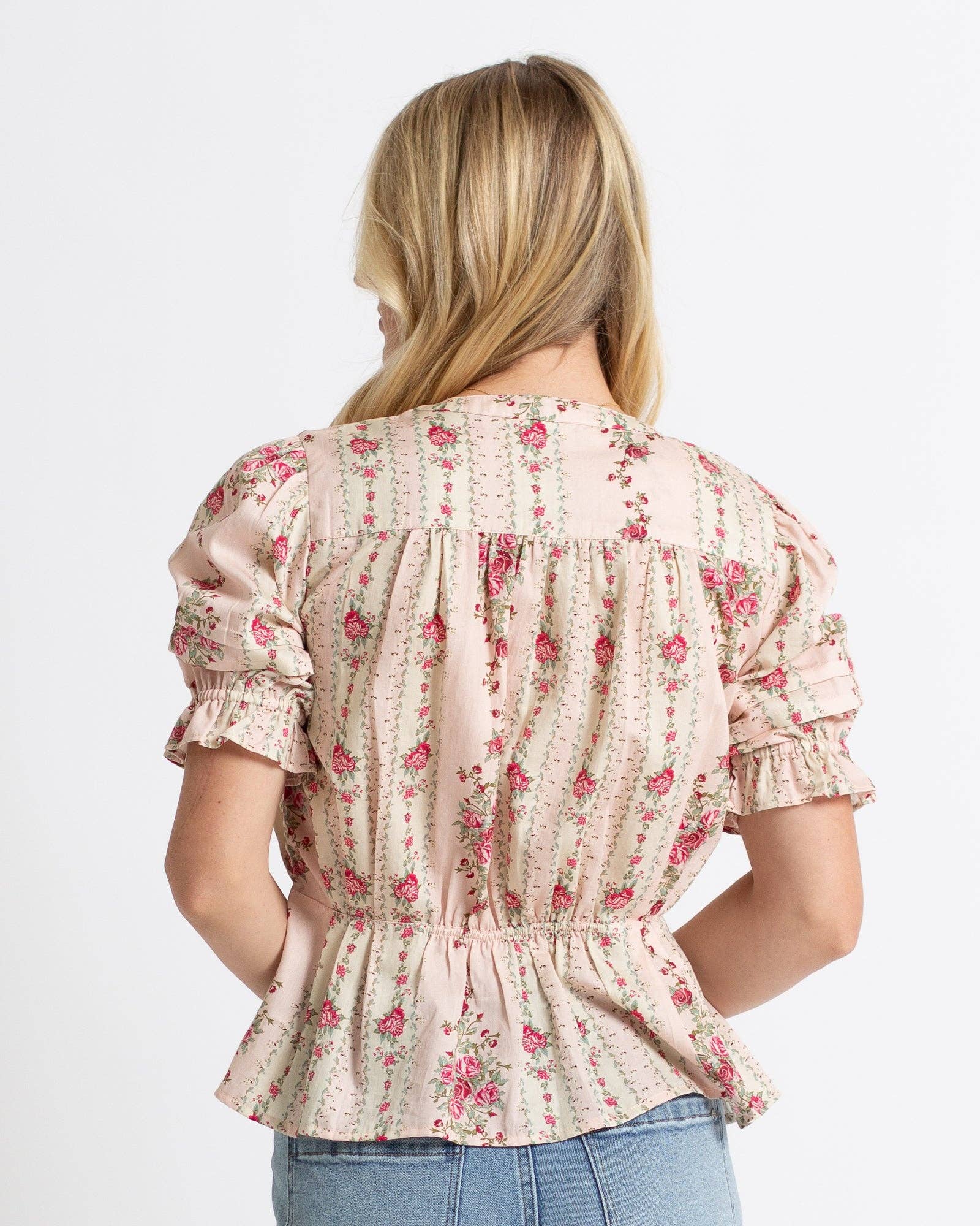 Deidra Floral Printed Short Sleeve Blouse with Ruffles Blouse Downeast- Tilden Co.