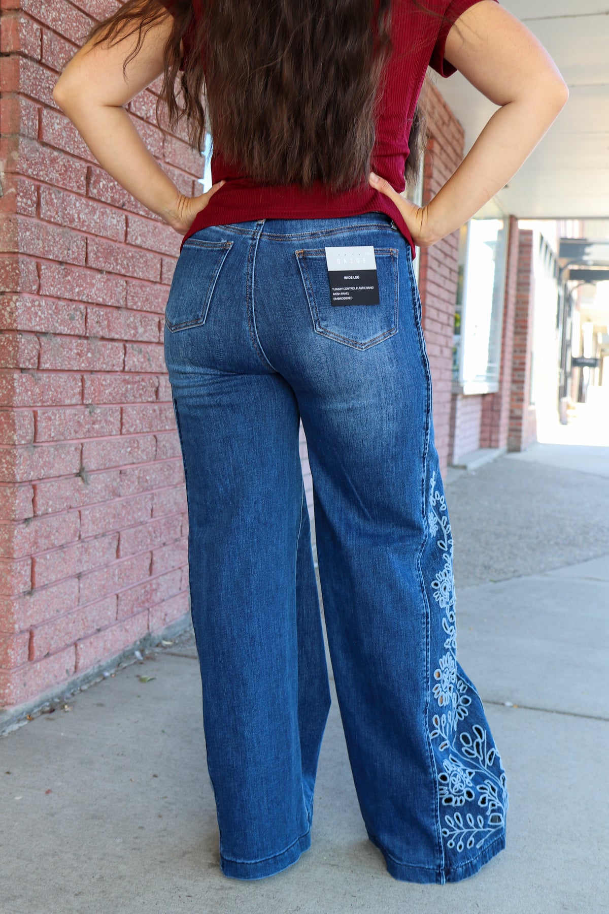 Floral Embroidered Wide Leg Jeans Jeans SAIGE DENIM- Tilden Co.
