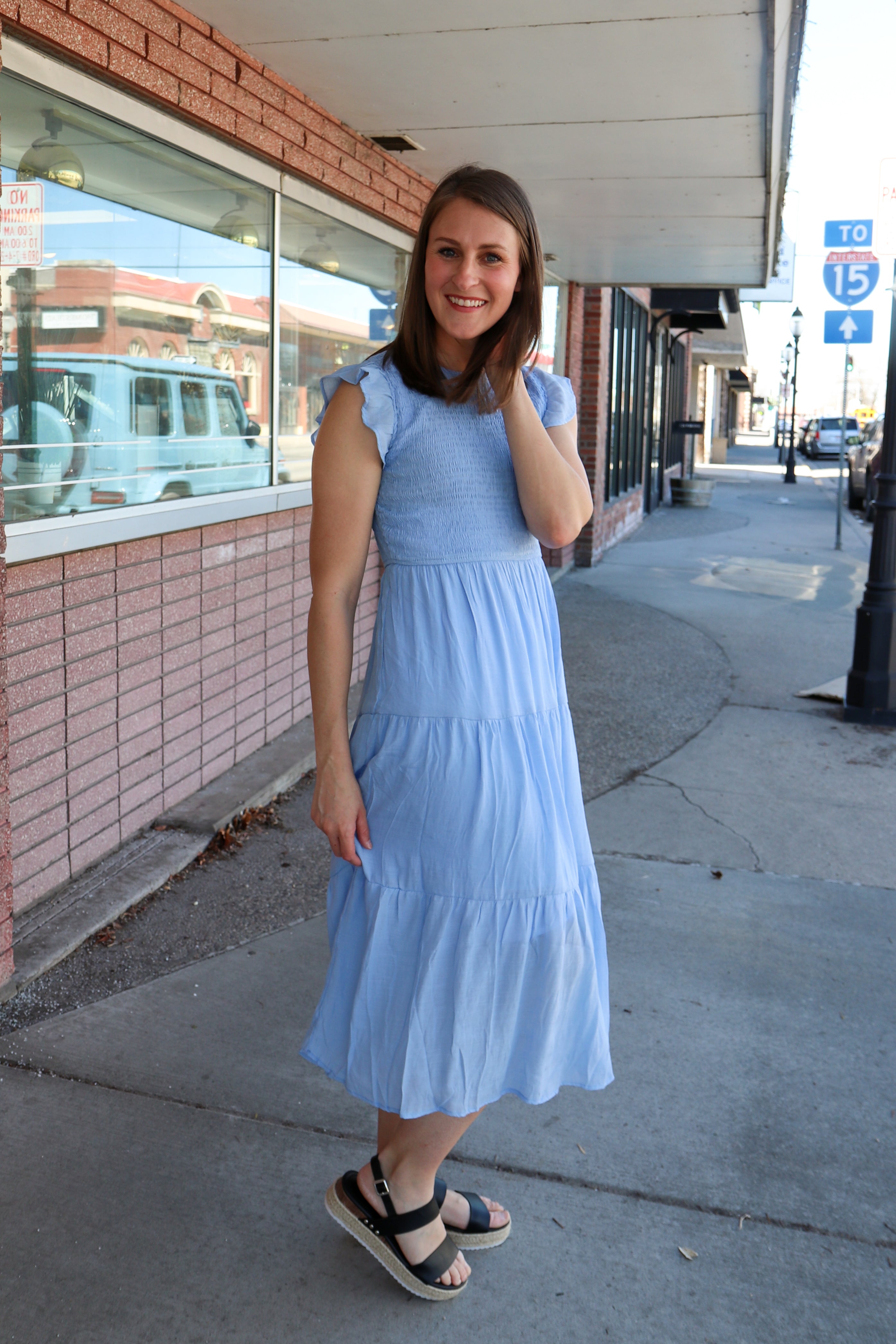Smocked Tiered Midi Dress Light Chambray / Small Light Chambray Small Midi Dress Blu Pepper- Tilden Co.