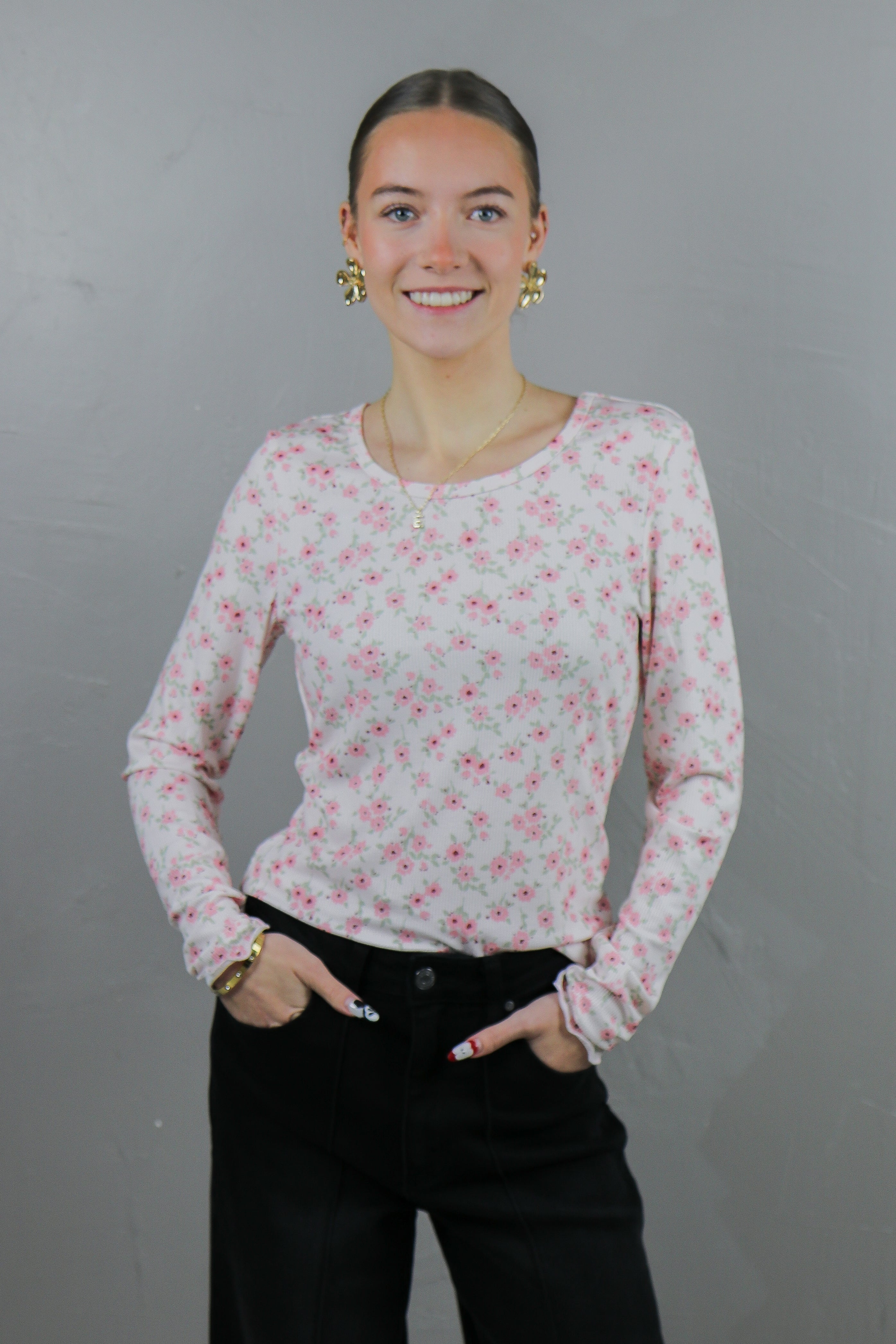 Long Sleeve Ribbed Tee in Pink Confetti Tees Mikarose- Tilden Co.
