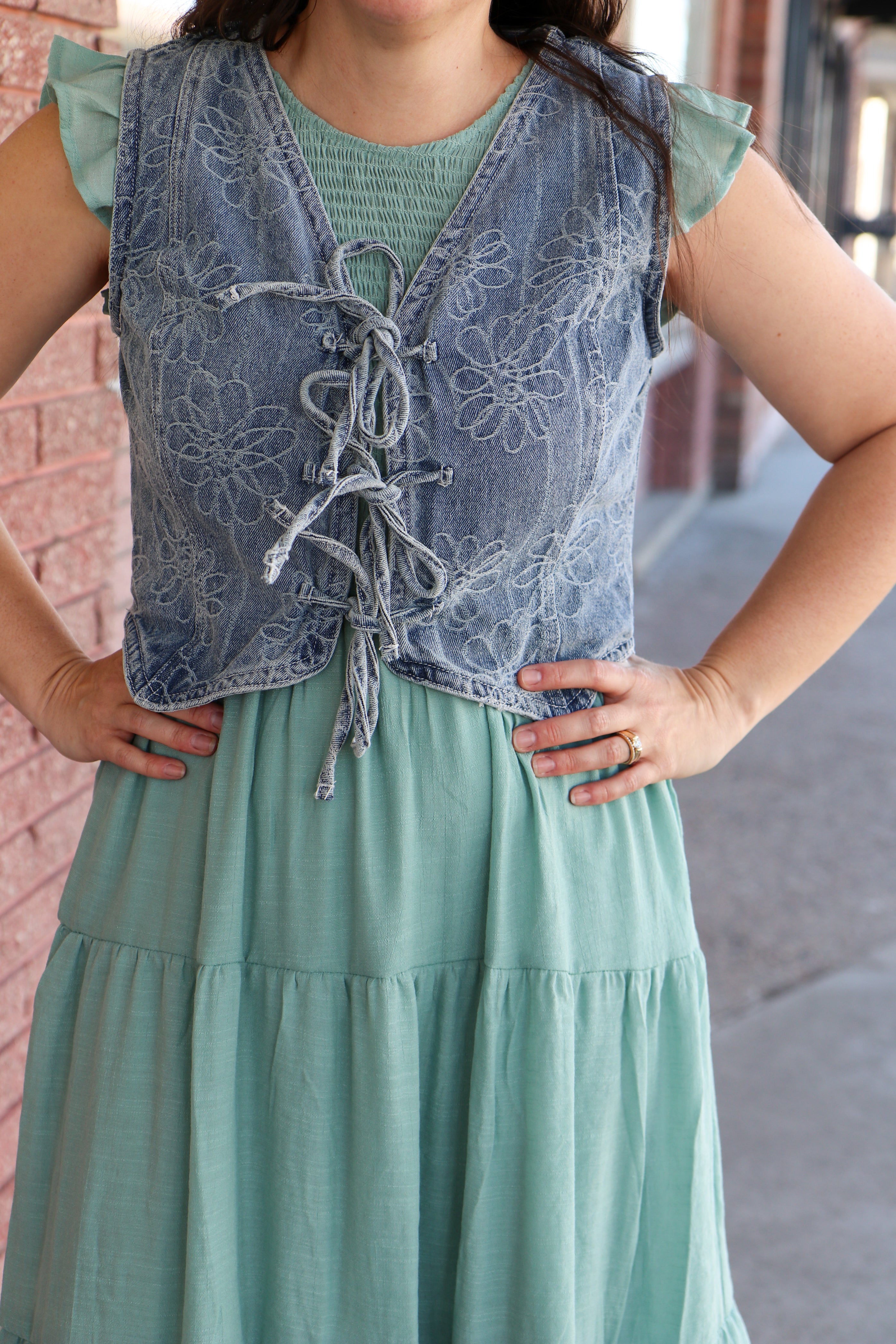 Floral Tie Denim Vest Vest Blu Pepper- Tilden Co.
