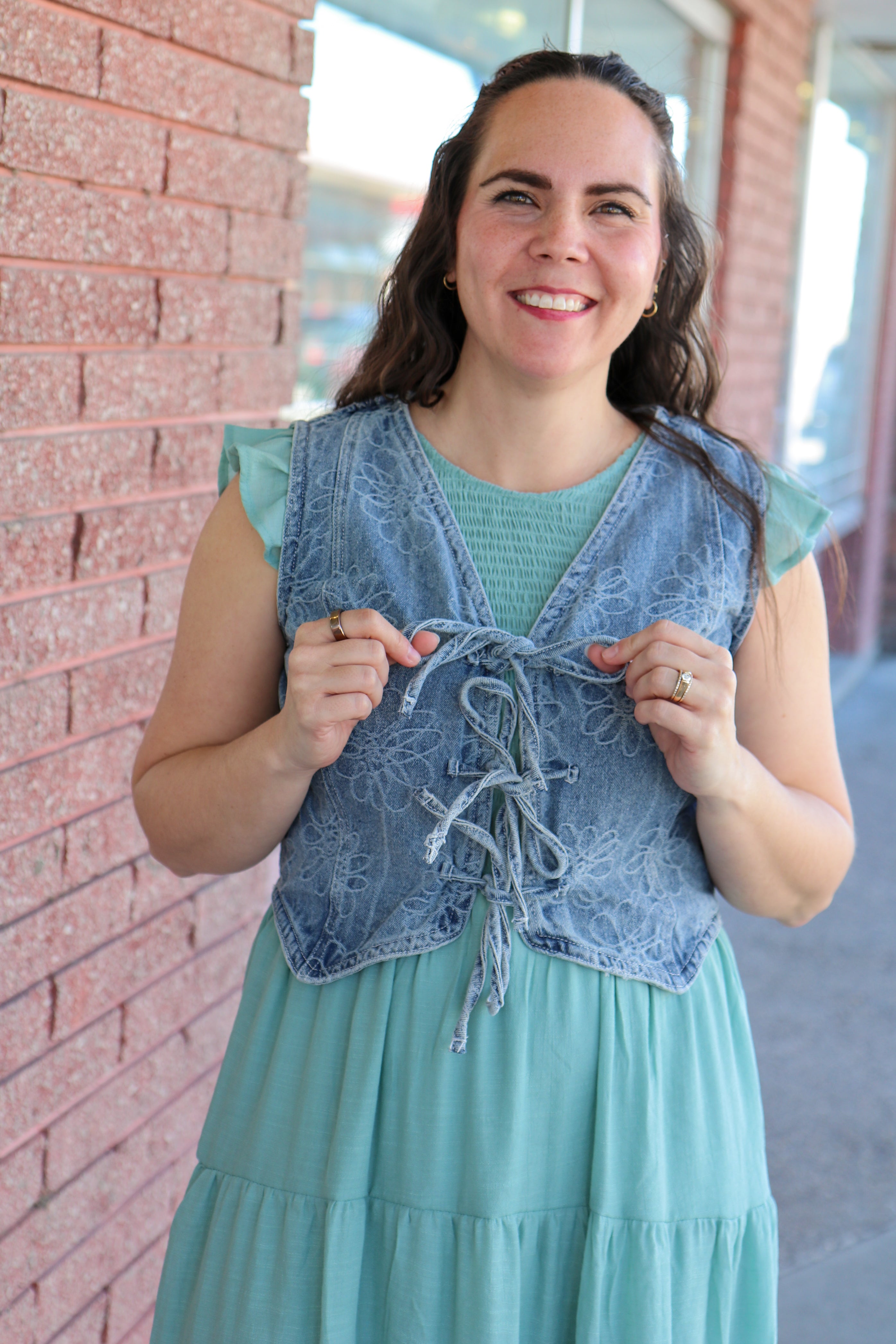 Floral Tie Denim Vest vest Blu Pepper- Tilden Co.