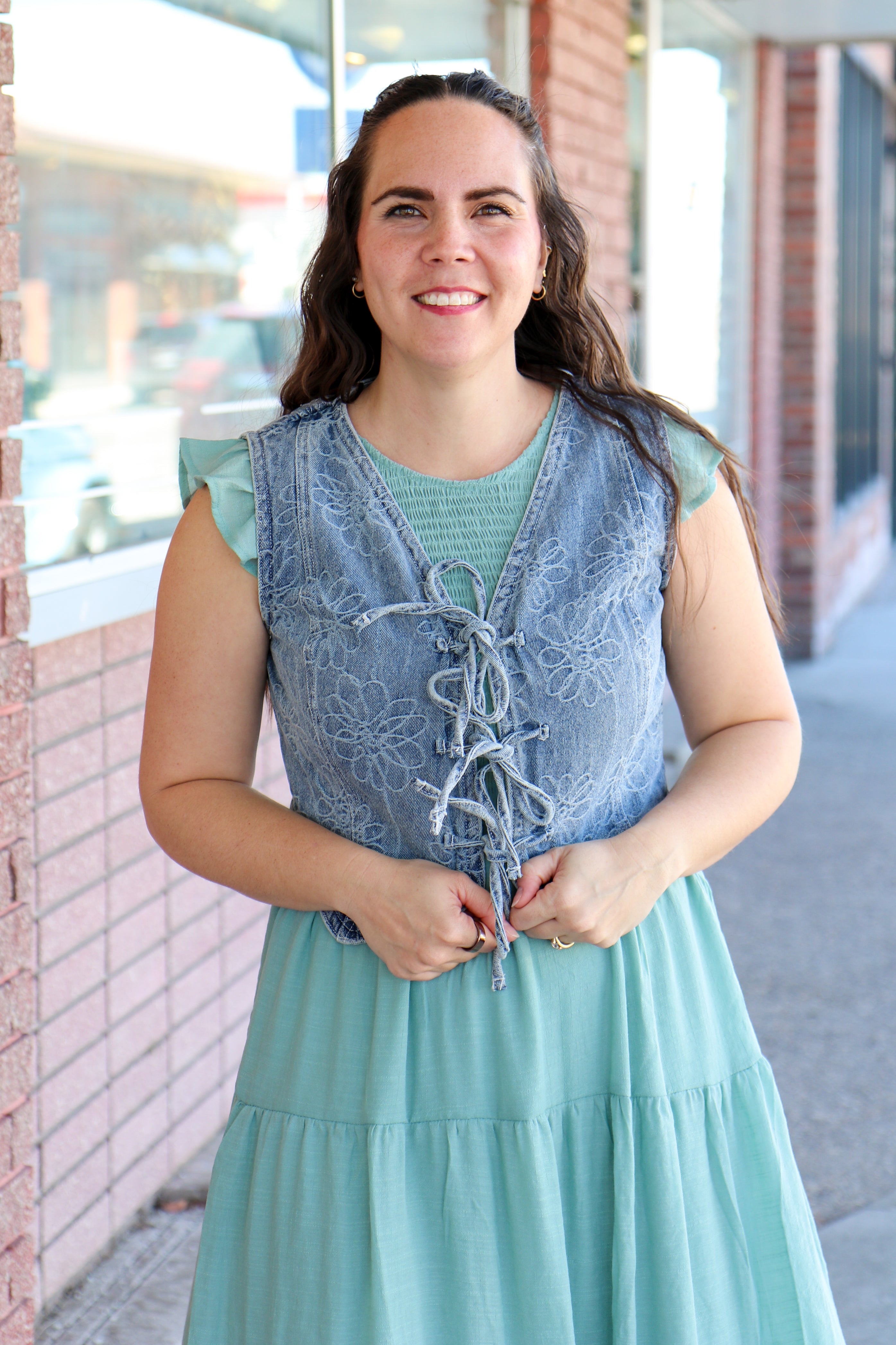 Floral Tie Denim Vest Vest Blu Pepper- Tilden Co.
