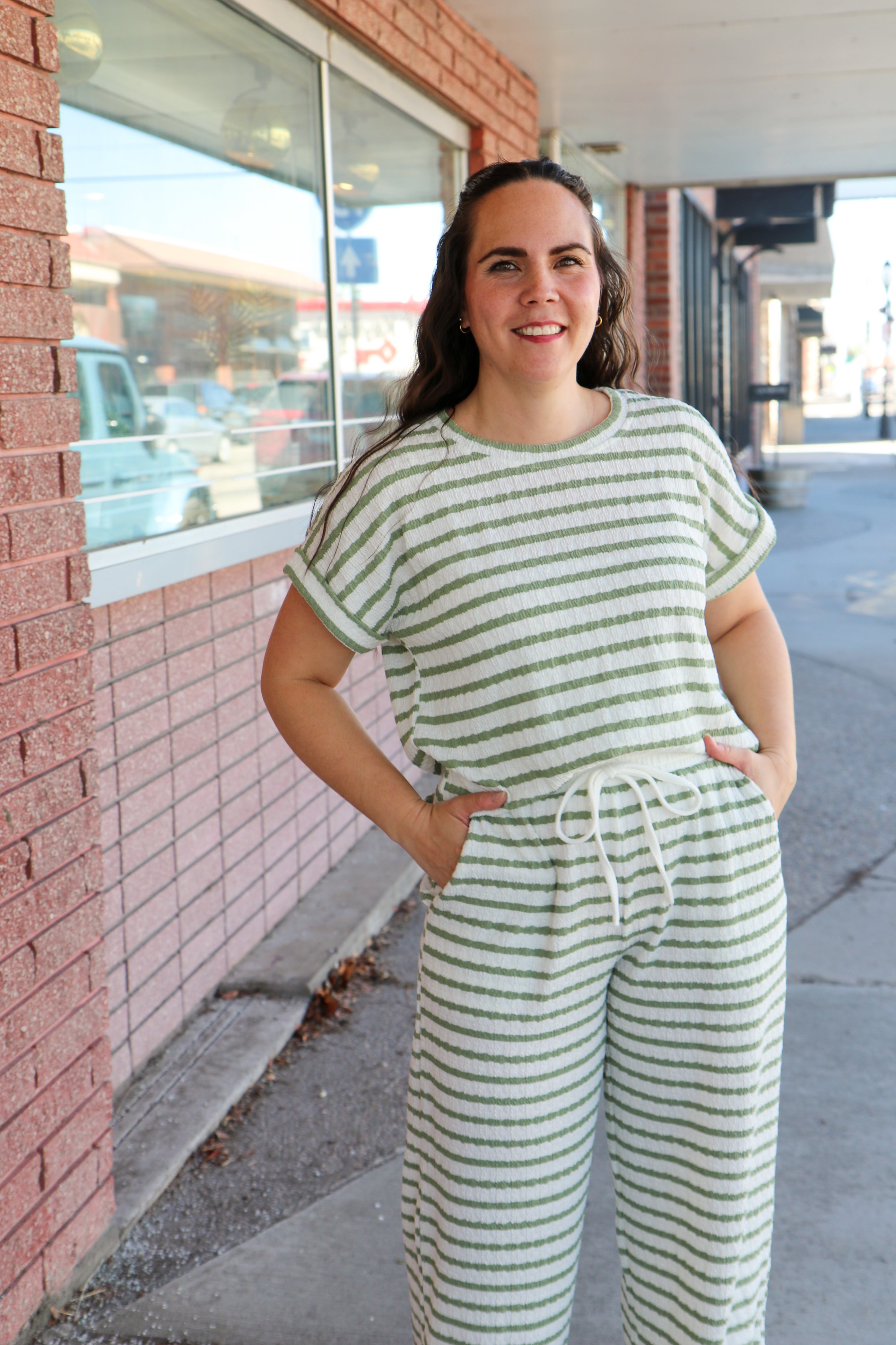 Textured Stripe Lounge Tee Olive / Small Olive Small Shirts & Tops Blu Pepper- Tilden Co.