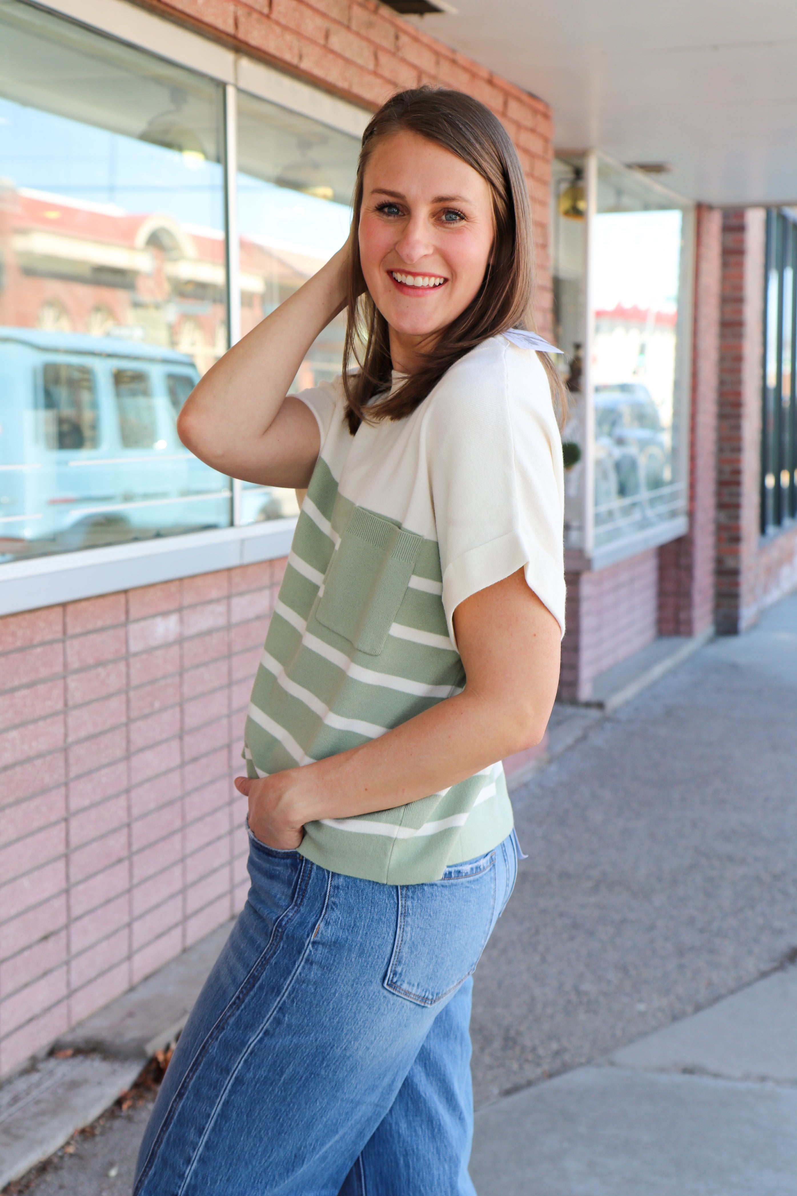 Sage Striped Dolman Knit Top T-Shirt in february- Tilden Co.
