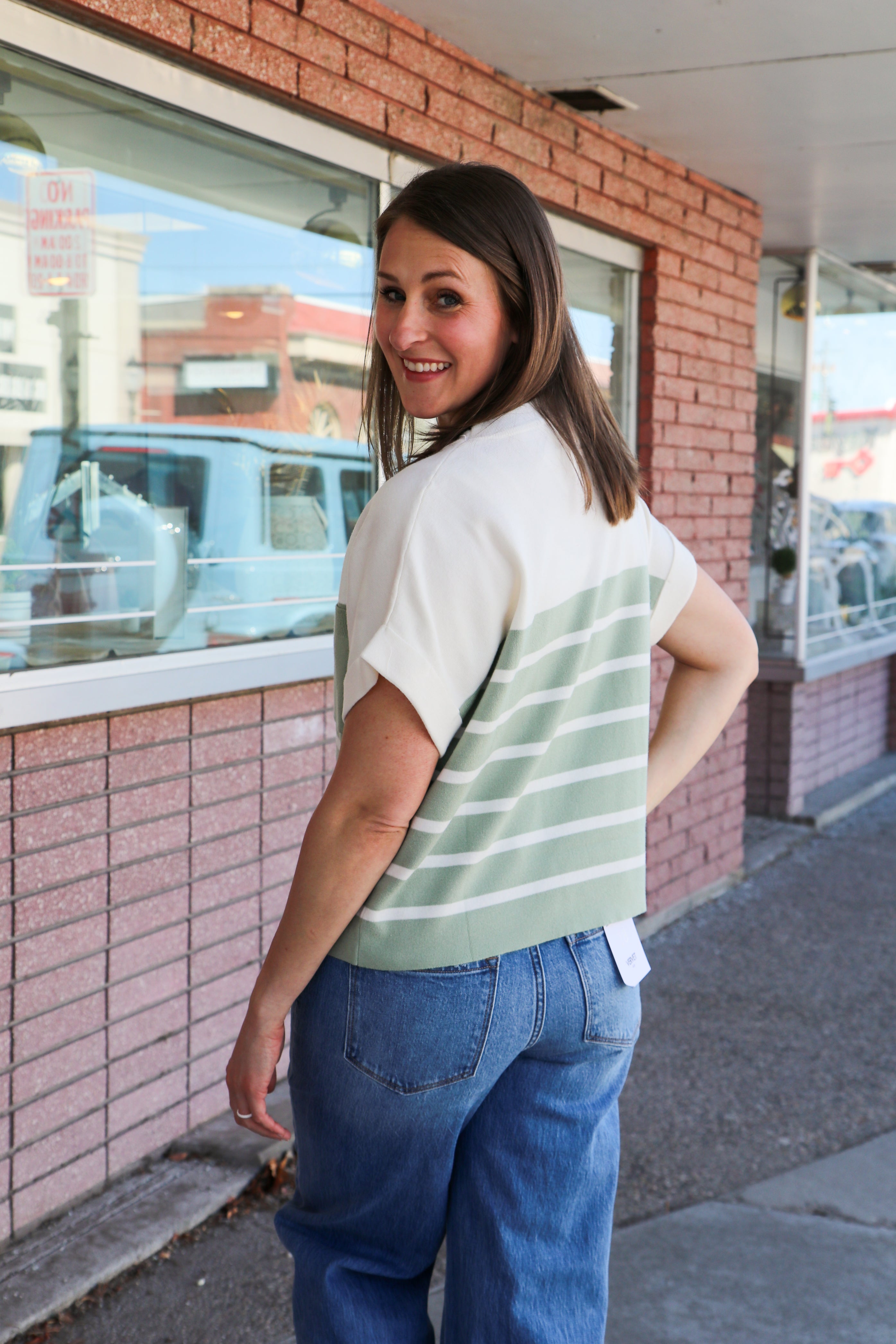 Sage Striped Dolman Knit Top T-Shirt in february- Tilden Co.