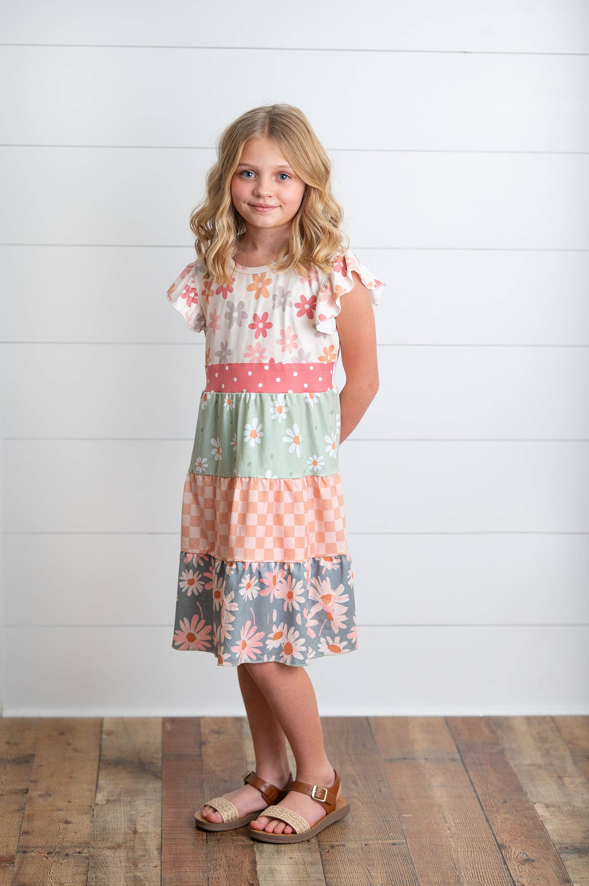 Girl's Daisy Check Tiered Dress 3/4 3/4 Girl's Dress Adorable Sweetness- Tilden Co.