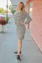 Striped Knit Skirt in Latte    knee length skirt Mikarose- Tilden Co.