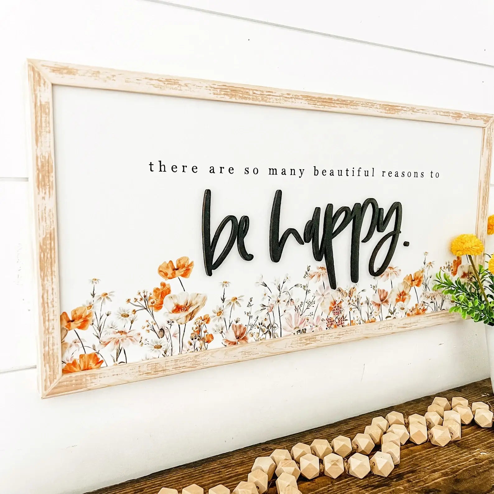 Be Happy Wildflower Wood Sign White Distress Frame White Distress Frame  decor WillowBee Signs & Designs- Tilden Co.