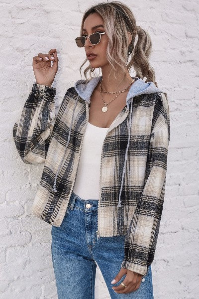 Plaid Zip Up Drawstring Hooded Jacket    Coats & Jackets Be Cool- Tilden Co.