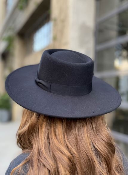 Vegan Felt Wide Brim Boater Bolero Hat Black Black Hats Love and Thyme- Tilden Co.