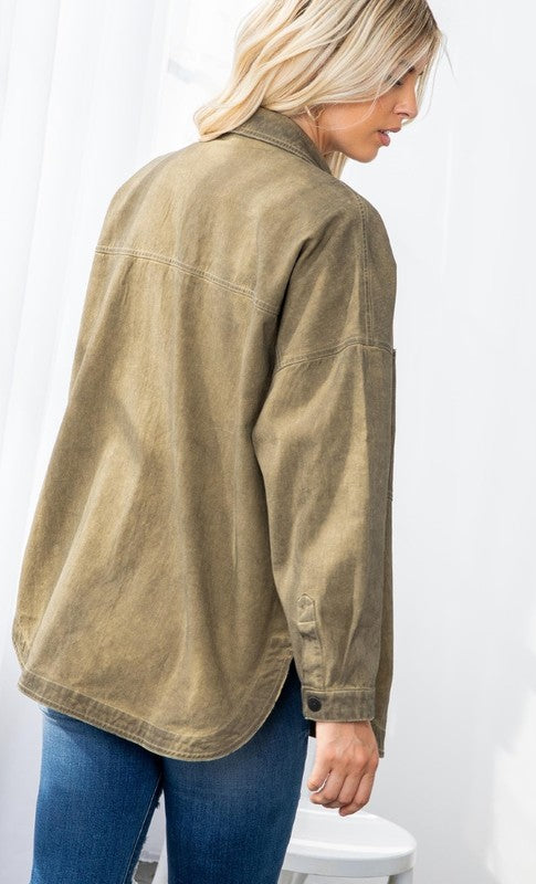 Mineral Washed Denim Jacket in Olive - Final Sale    jean jacket Zia Apparel- Tilden Co.