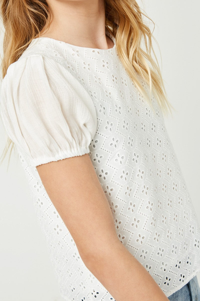 Girls Honeycomb Eyelet Contrast Sleeve Top Blouse Hayden LA- Tilden Co.